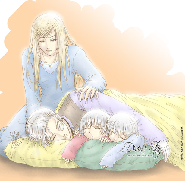dante (devil may cry), eva (devil may cry), sparda, vergil (devil may cry), capcom, devil may cry (series), silver hair, non-web source, 1girl, 3boys, aged down, blanket, blonde hair, brothers, family, family bonding, father and son, mother and son, multiple boys, pillow, saliva, siblings, sleeping