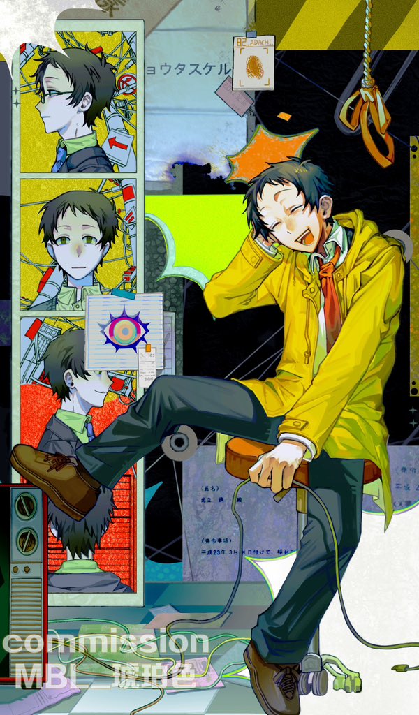 adachi tooru, ameno sagiri (persona), persona, persona 4, persona 4 the animation, commentary, commentary request, commission, symbol-only commentary, translation request, 1boy, black hair, black pants, brown shoes, cable, coat, fingerprint, glasses, long sleeves, male focus, mbl bg6969, messy hair, necktie, noose, open mouth, pants, red necktie, shoes, short hair, sitting, stool, television, utility pole, yellow coat