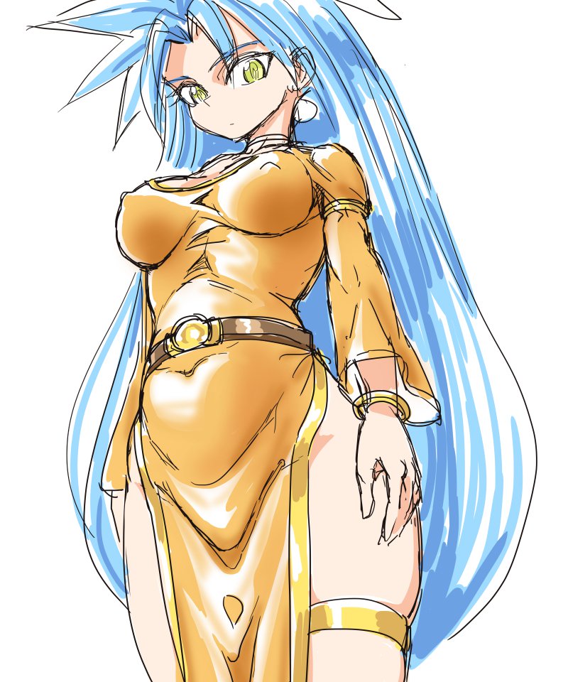 s-a-murai, queen zeal, chrono trigger, commentary request, 1girl, big hair, blue hair, bracelet, breasts, closed mouth, dress, earrings, jewelry, long hair, looking at viewer, mature female, simple background, skin tight, solo, standing, tight clothes, tight dress, very long hair, white background