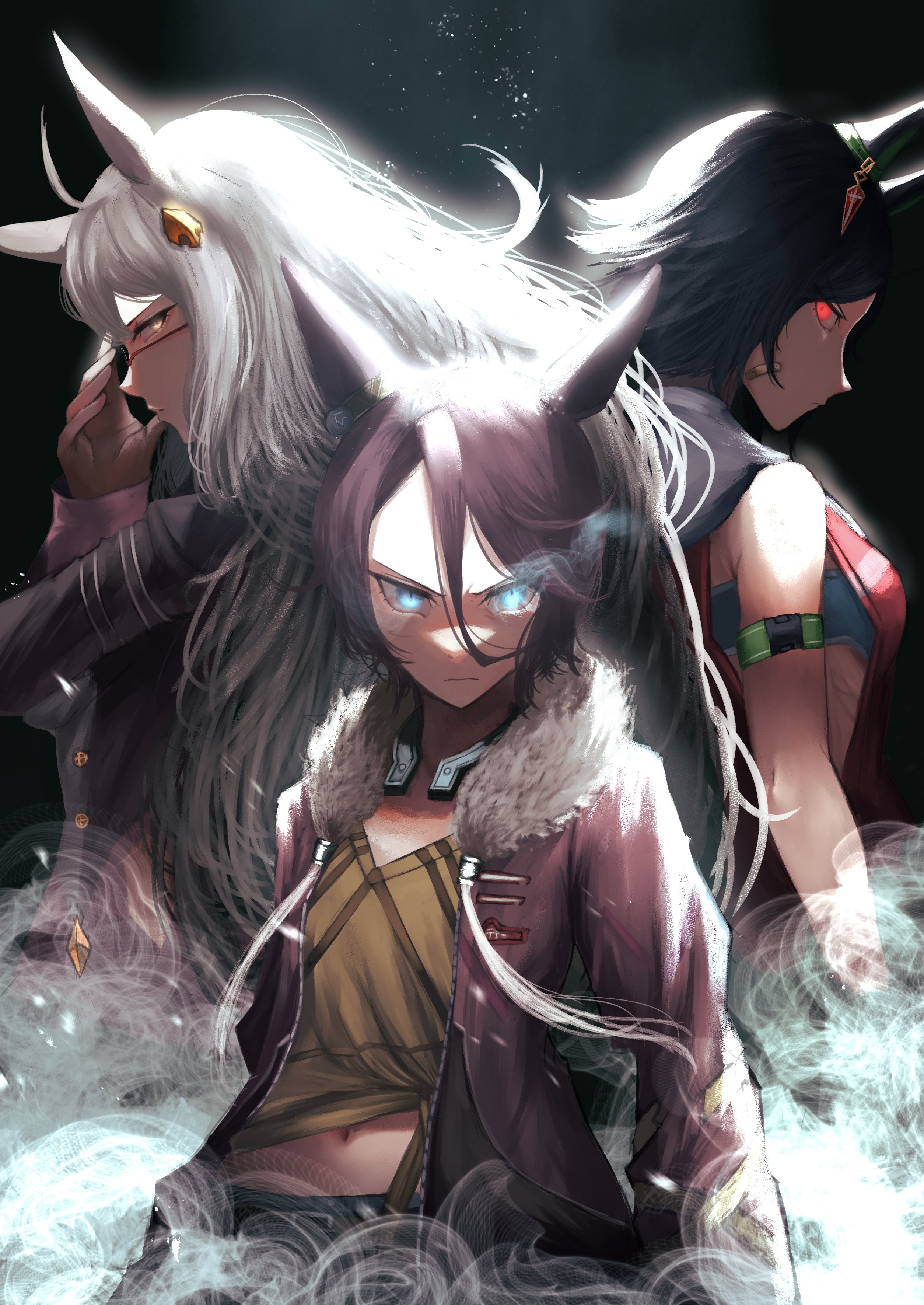 hasewo, biwa hayahide (pf. winning equation…) (umamusume), biwa hayahide (umamusume), narita taishin (nevertheless) (umamusume), narita taishin (umamusume), winning ticket (get to winning!) (umamusume), winning ticket (umamusume), umamusume, absurdres, commentary, highres, ahoge, animal ears, bandaid, bandaid on cheek, bandaid on face, bandeau, black hair, blue bandeau, blue eyes, blue sports bra, bnw (umamusume), breasts, brown hair, closed mouth, eye trail, fur-trimmed jacket, fur trim, glasses, glowing, glowing eyes, grey hair, hair between eyes, hood, hoodie, horse ears, horse girl, horseshoe, jacket, light trail, long hair, long sleeves, looking at viewer, low-cut armhole, midriff, multiple girls, navel, pants, pink jacket, purple jacket, red-framed eyewear, red eyes, red hoodie, red jacket, semi-rimless eyewear, shirt, short hair, sleeveless, sleeveless hoodie, sleeveless jacket, small breasts, sports bra, tank top, tied shirt, under-rim eyewear, yellow eyes, yellow shirt, yellow tank top