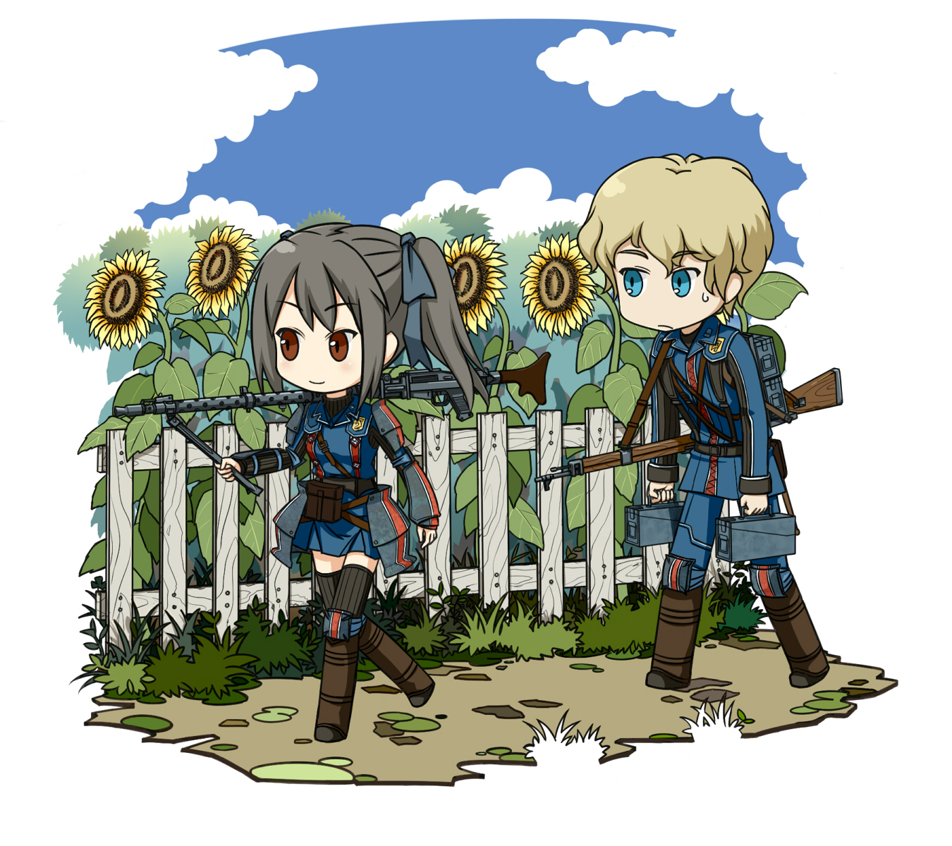 wood0083, wood k, edy nelson, homer peron, senjou no valkyria, senjou no valkyria (series), senjou no valkyria 1, bad id, bad pixiv id, highres, 00s, 1boy, 1girl, blonde hair, blue eyes, blue ribbon, blush, boots, brown eyes, chibi, cloud, day, fence, flower, grey hair, gun, long hair, machine gun, military, military uniform, miniskirt, ribbon, short hair, skirt, sky, smile, sunflower, thighhighs, twintails, weapon