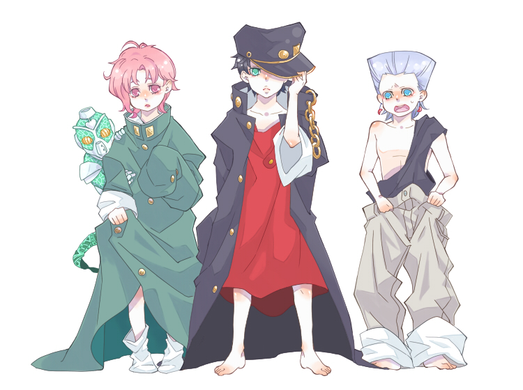 az y, hierophant green, jean pierre polnareff, kakyoin noriaki, kuujou joutarou, jojo no kimyou na bouken, stardust crusaders, silver hair, bad id, bad pixiv id, 3boys, age regression, aged down, androgynous, aqua eyes, barefoot, black hair, blue eyes, chain, earrings, flattop, gakuran, hand on headwear, hat, hat over one eye, jewelry, male focus, multiple boys, oversized clothes, peaked cap, red eyes, red hair, red shirt, school uniform, shirt, simple background, stand (jojo), standing, white background