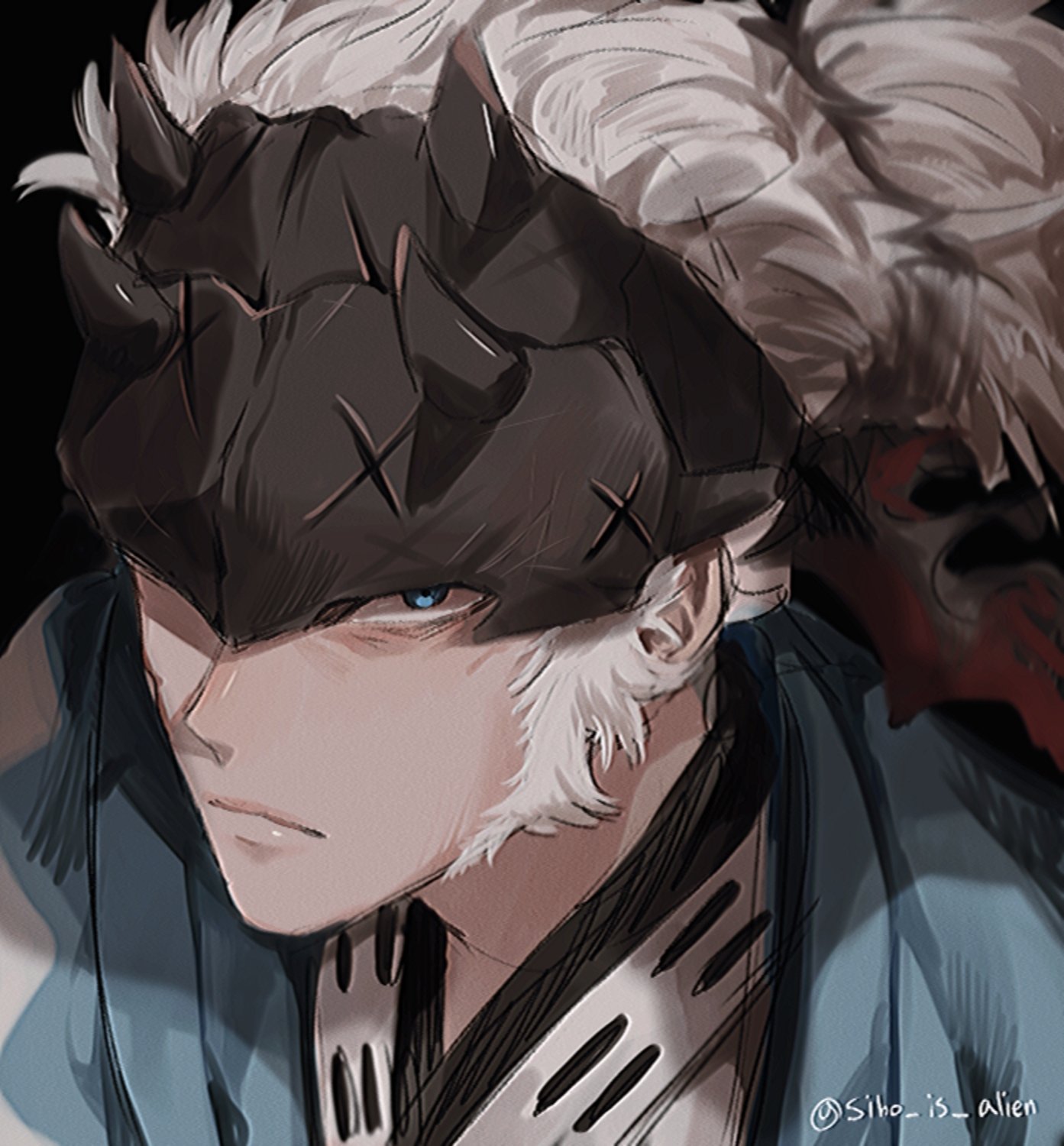 siho is alien, nagakura shinpachi (fate), fate/grand order, fate (series), commentary request, highres, 1boy, blue eyes, closed mouth, forehead protector, grey hair, japanese clothes, long sideburns, male focus, ponytail, portrait, sideburns, solo, twitter username