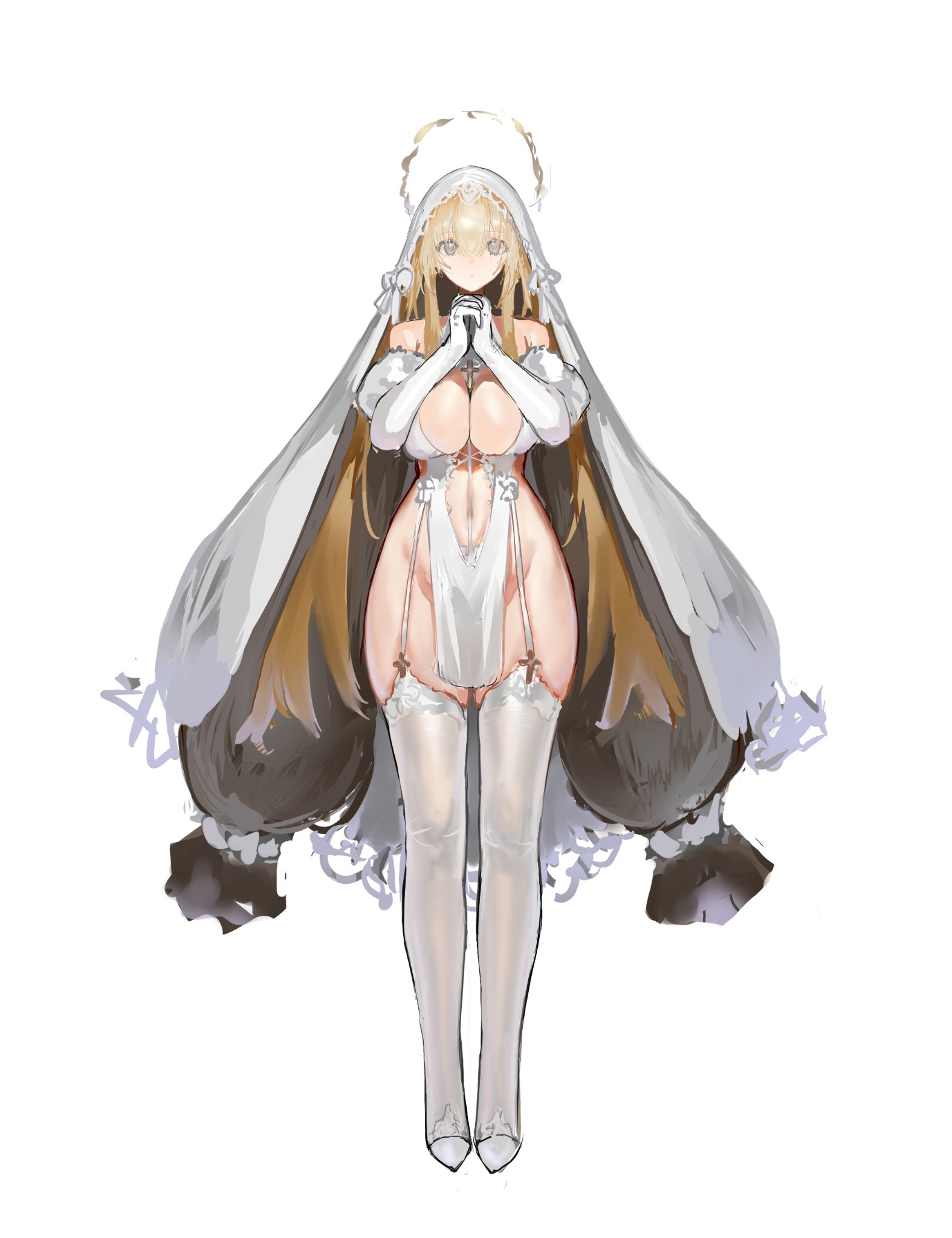 lump saury, original, highres, 1girl, bare shoulders, blonde hair, breasts, cleavage, covered navel, cross, detached sleeves, full body, fur-trimmed sleeves, fur trim, grey eyes, halo, huge breasts, legs, long hair, looking at viewer, own hands together, shoes, simple background, solo, standing, tachi-e, thighhighs, thighs, veil, very long hair, white background, white shoes, white sleeves, white thighhighs, white veil, wide hips, yellow halo