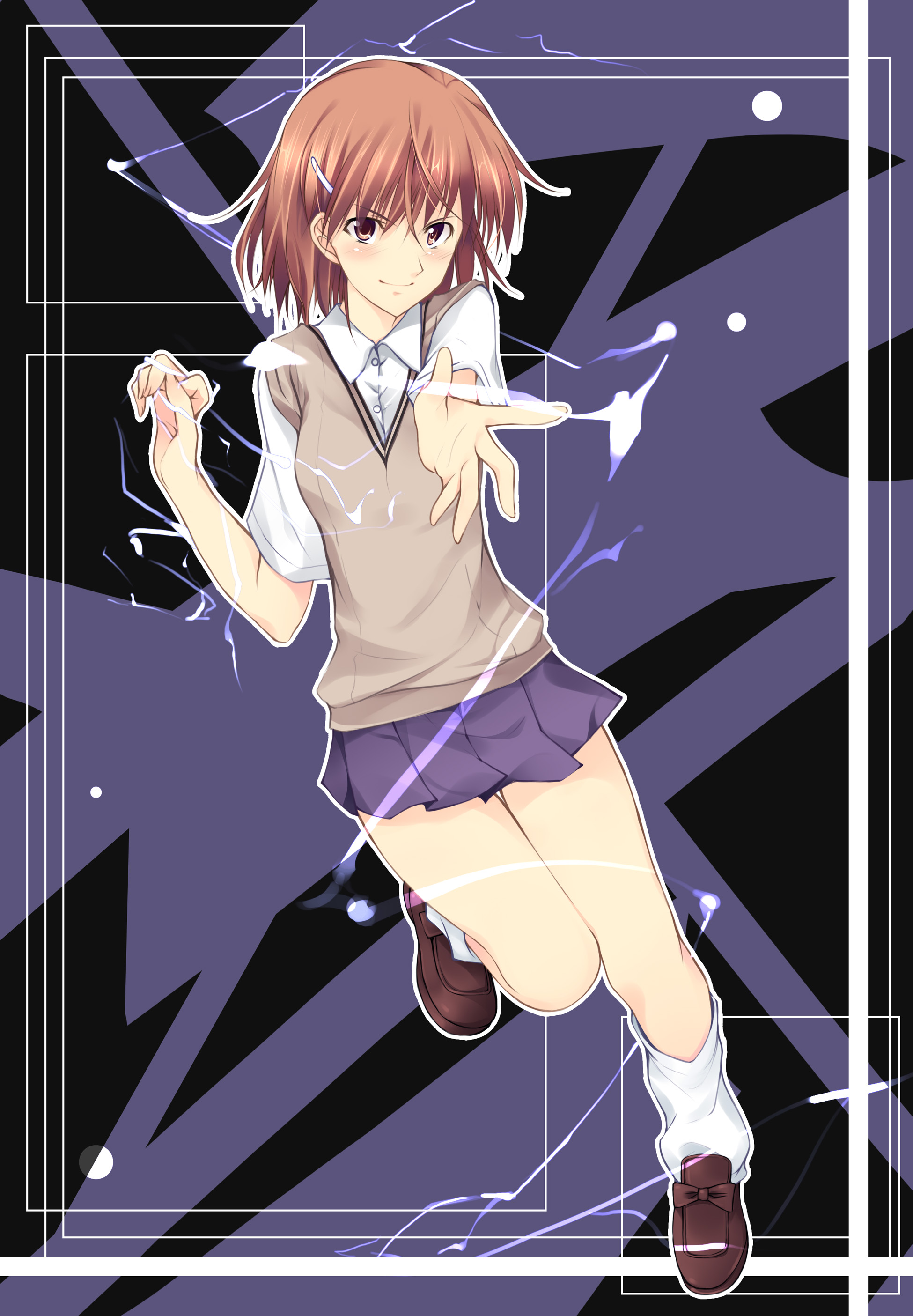 kazumu, misaka mikoto, toaru kagaku no railgun, toaru majutsu no index, absurdres, highres, 1girl, brown eyes, brown hair, electricity, electrokinesis, female focus, full body, hair ornament, hairclip, pleated skirt, school uniform, short hair, skirt, solo