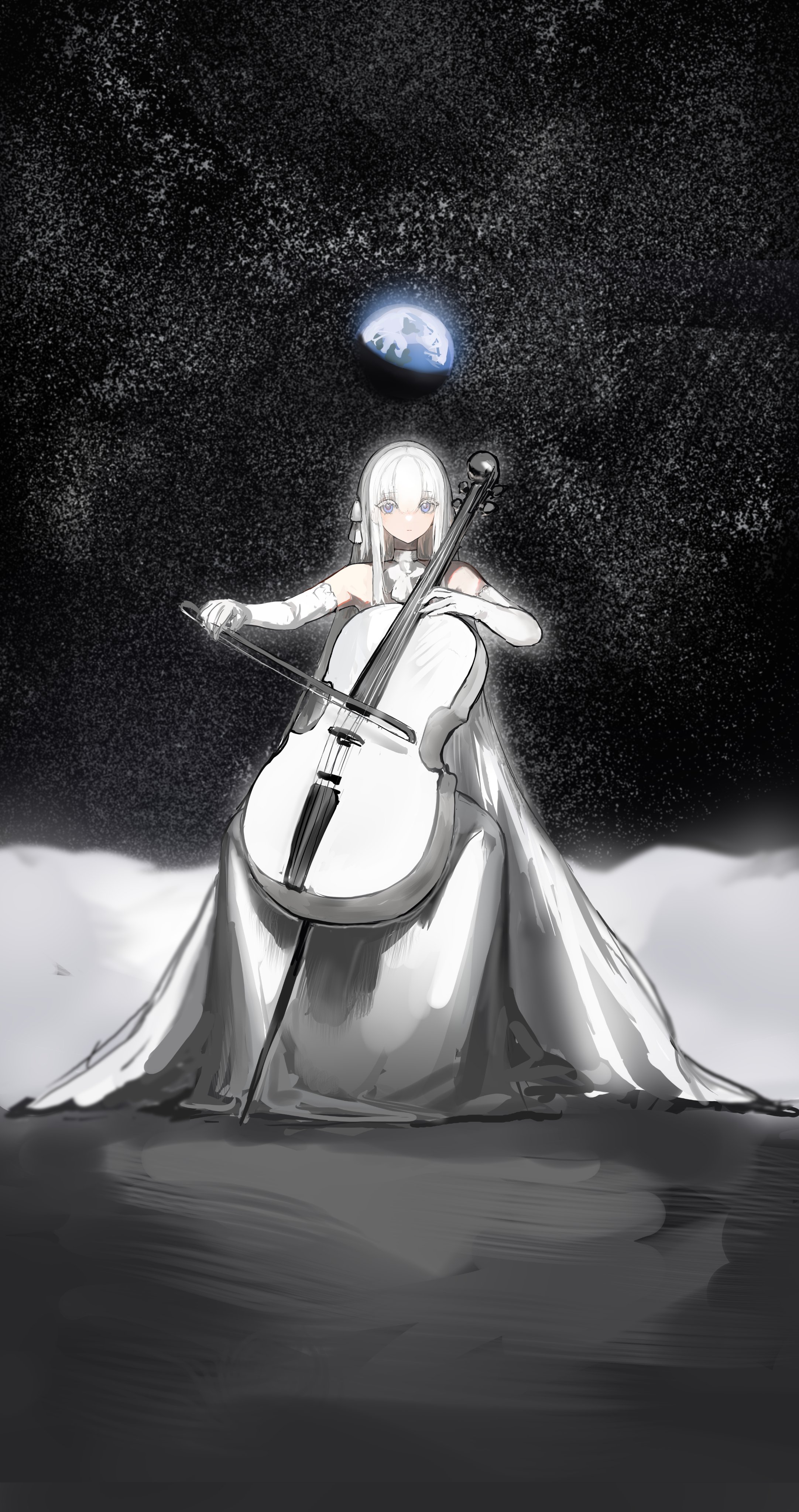 lump saury, original, absurdres, commentary request, highres, 1girl, bare shoulders, blue eyes, dress, earth (planet), elbow gloves, full body, gloves, holding, holding instrument, holding violin, instrument, long dress, looking at viewer, music, planet, playing instrument, sitting, solo, violin, white dress, white gloves, white hair