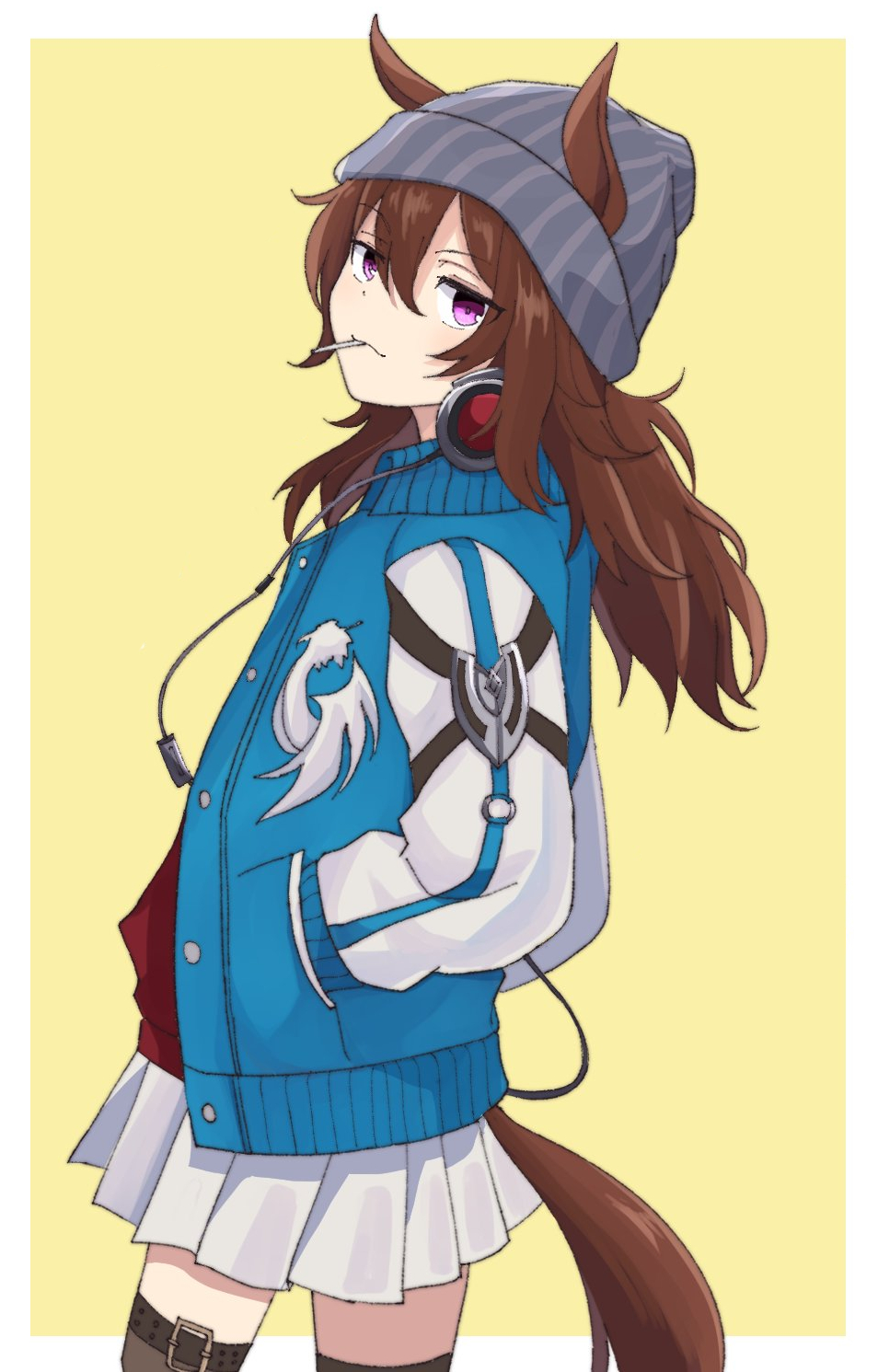 usako (umauma0602), nakayama festa (umamusume), umamusume, commentary request, highres, 1girl, animal ears, beanie, blue jacket, border, brown background, brown hair, brown thighhighs, ears through headwear, from side, grey hat, hair between eyes, hand in pocket, hat, headphones, headphones around neck, horse ears, horse girl, horse tail, jacket, long hair, long sleeves, looking at viewer, looking to the side, open clothes, open jacket, pleated skirt, puffy long sleeves, puffy sleeves, purple eyes, skirt, solo, striped clothes, striped headwear, tail, thighhighs, vertical-striped clothes, vertical-striped headwear, white border, white skirt