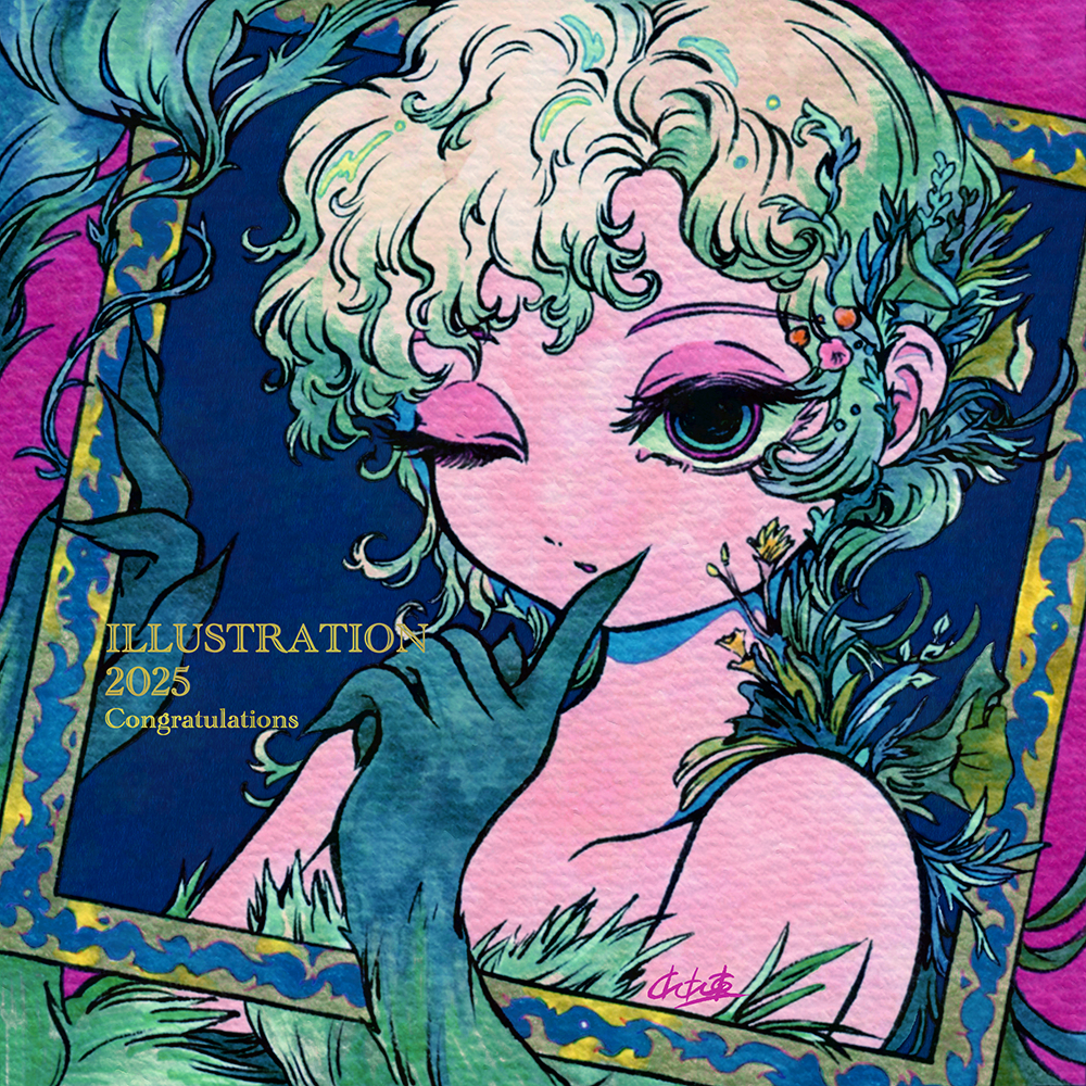 illustration.media, yamakita higashi, commentary request, marker (medium), traditional media, 1girl, 2025, elbow gloves, eyeshadow, flower, gloves, green eyes, hair flower, hair ornament, half-closed eyes, limited palette, makeup, mismatched eyebrows, multicolored eyes, one eye closed, parted bangs, parted lips, picture frame, pink eyeshadow, plant, portrait, short hair, solo, strapless, wavy hair