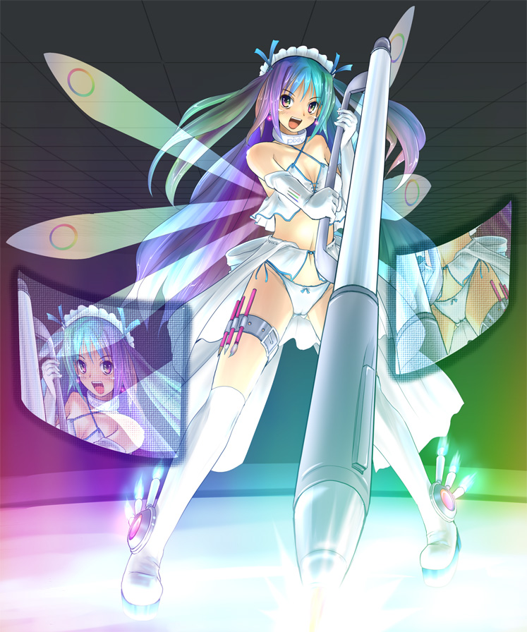 kou (haijindeath), pixiv, wacom, 1girl, :d, breasts, cleavage, collar, fairy, female focus, gradient hair, long hair, maid headdress, midriff, mini person, minigirl, multicolored hair, open mouth, oversized object, paintbrush, panties, pen, small breasts, smile, solo, stylus, underwear, wings