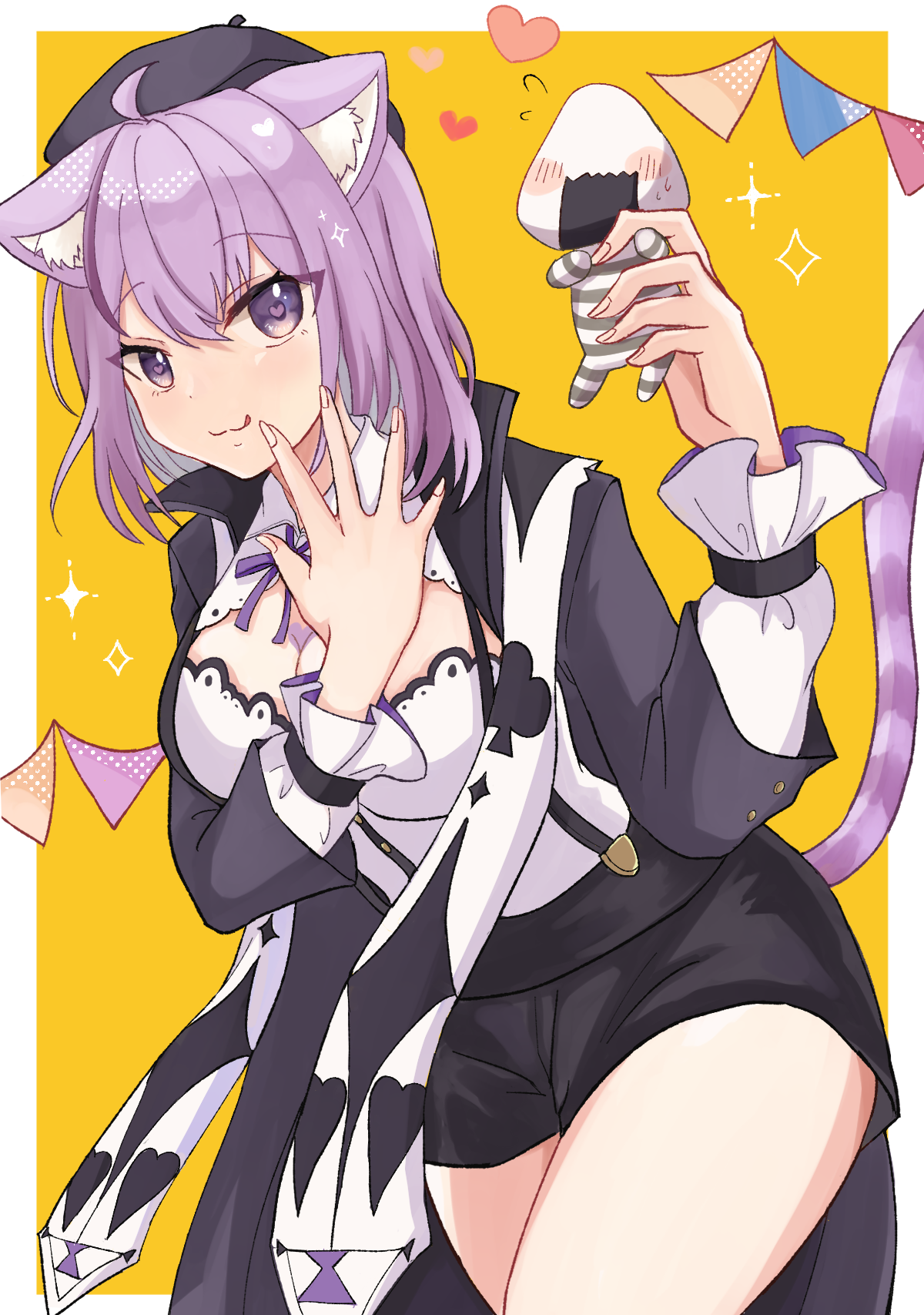 usako (umauma0602), nekomata okayu, nekomata okayu (wonderland), onigirya (nekomata okayu), hololive, commentary request, highres, 1girl, 1other, ahoge, animal ears, beret, black hat, black jacket, black shorts, border, breasts, cat ears, cat girl, cat tail, cleavage, closed mouth, club (shape), flying sweatdrops, hair between eyes, hands up, hat, heart, heart-shaped pupils, holding, jacket, large breasts, layered sleeves, licking lips, long sleeves, mini person, open clothes, open jacket, orange background, pennant, puffy long sleeves, puffy sleeves, purple eyes, purple hair, shirt, short shorts, shorts, smile, sparkle, string of flags, symbol-shaped pupils, tail, tongue, tongue out, virtual youtuber, white border, white shirt