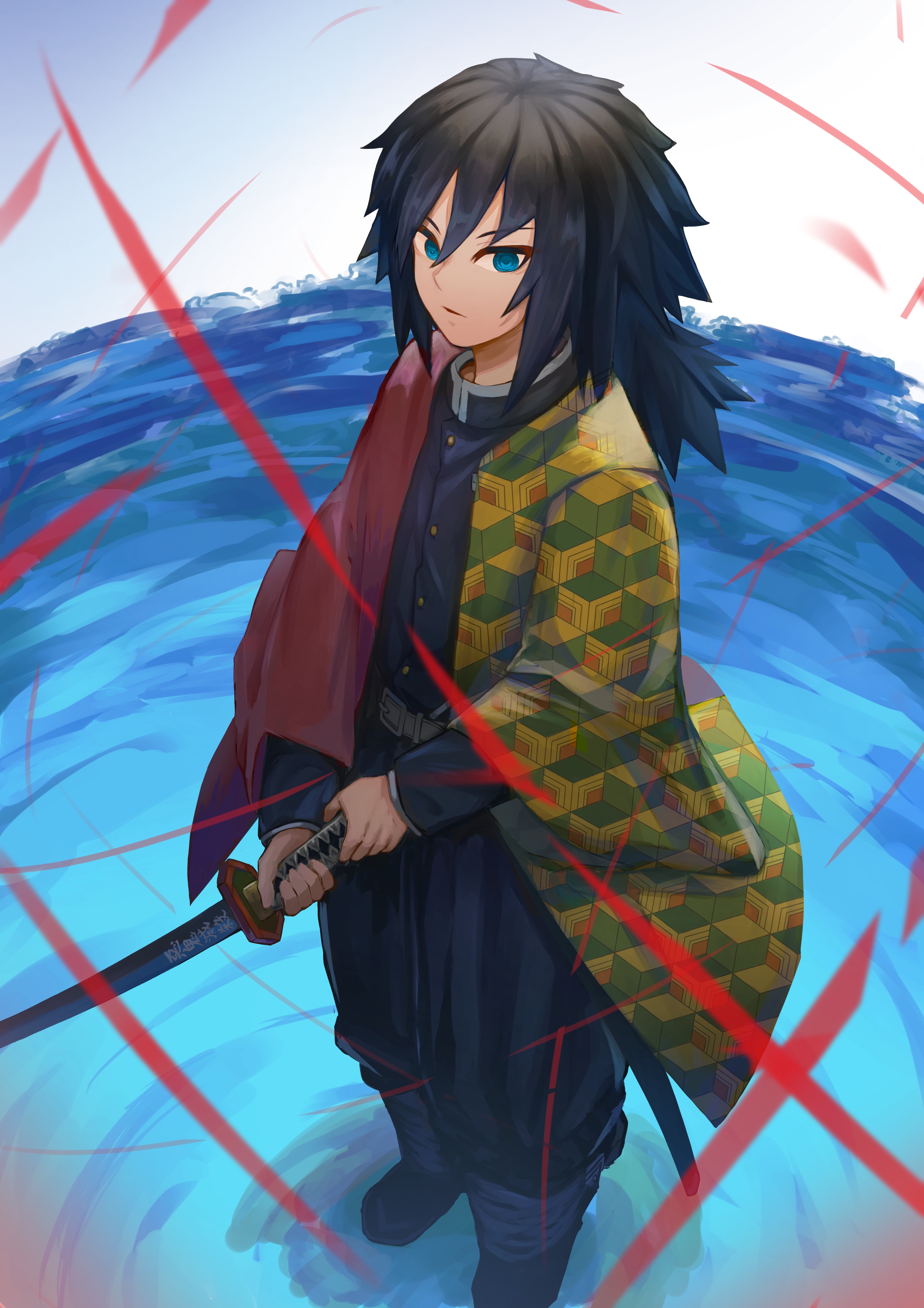 sasa kurumi, tomioka giyuu, kimetsu no yaiba, absurdres, commentary request, highres, 1boy, black hair, blue eyes, closed mouth, holding, holding sword, holding weapon, japanese clothes, long hair, male focus, ripples, solo, standing, standing on liquid, sword, weapon