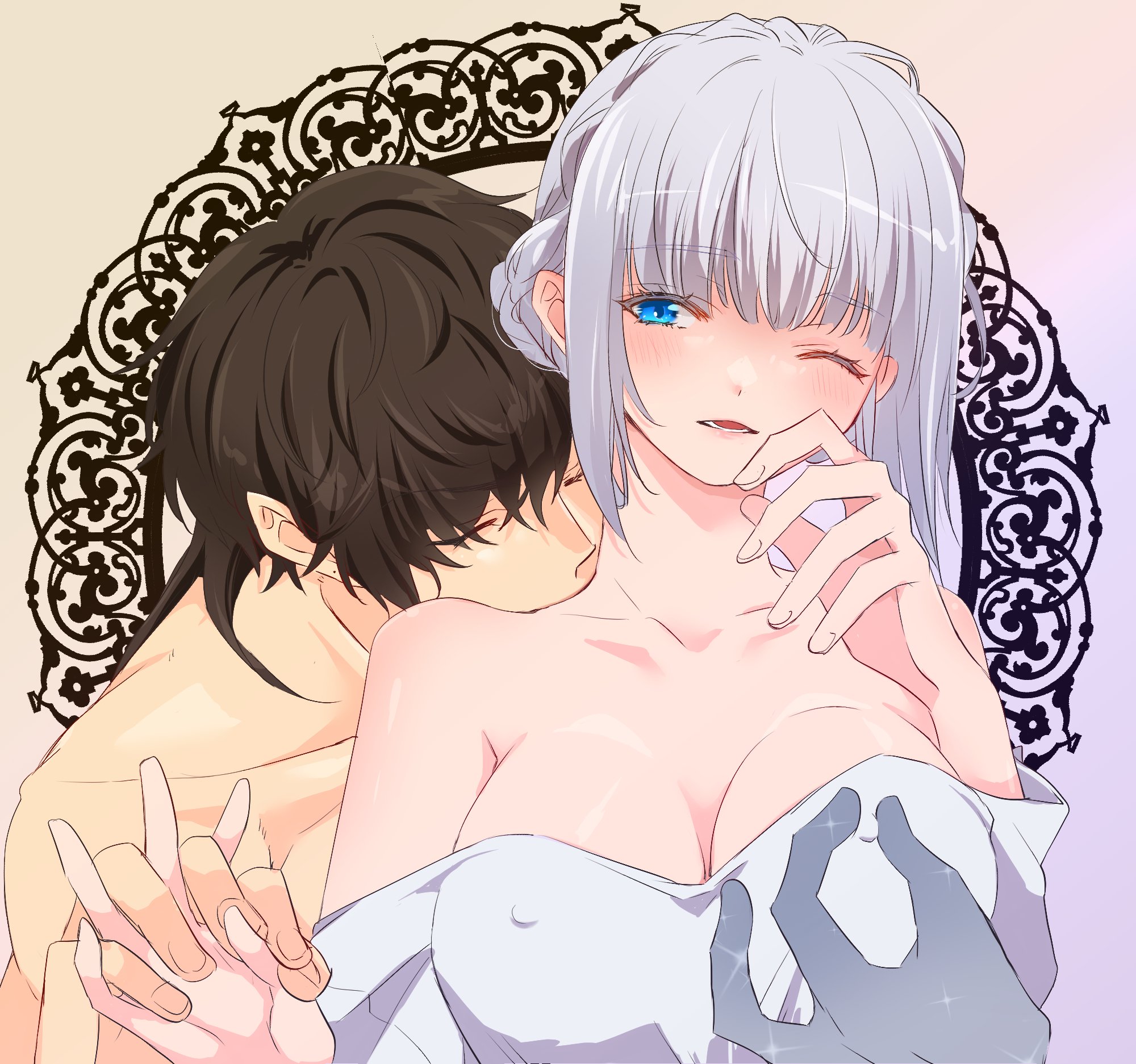 mayashtale, albaird bergholm, laeticia aucerius, star ocean, star ocean: the divine force, commentary request, highres, 1boy, 1girl, breasts, hand grab, hetero, large breasts, nipple stimulation, nipple tweak, nipple tweak through clothes, one eye closed, open mouth, short hair