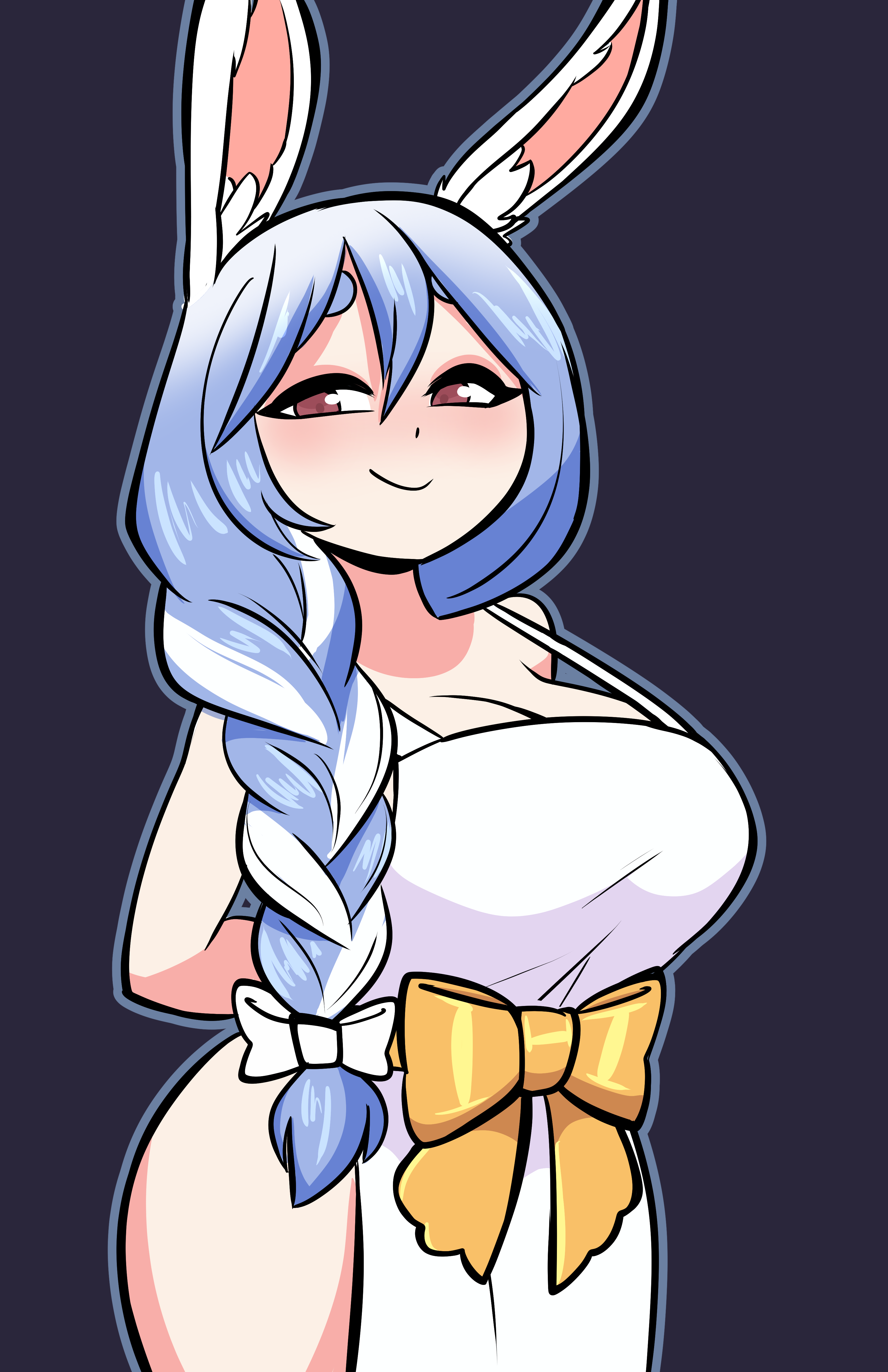 jek korpen, pekomama, hololive, absurdres, commentary, english commentary, highres, 1girl, animal ear fluff, animal ears, apron, arms behind back, blue hair, blush, bow, braid, breasts, cleavage, hair between eyes, hair bow, hair over shoulder, huge breasts, long hair, looking at viewer, multicolored hair, naked apron, rabbit ears, rabbit girl, red eyes, simple background, single braid, smile, smug, solo, thighs, two-tone hair, virtual youtuber, white bow, white hair