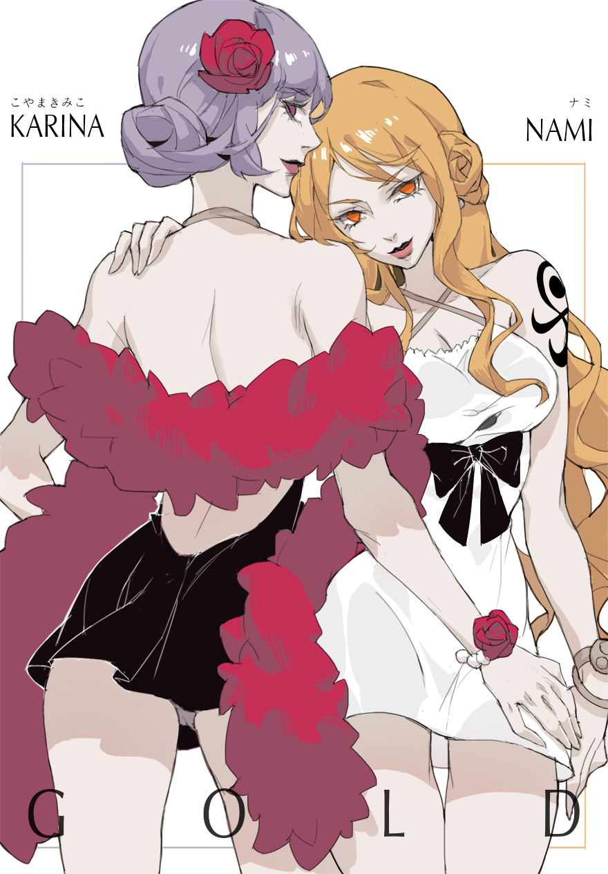 dywx poison, carina (one piece), nami (one piece), one piece, one piece film: gold, commentary, english commentary, highres, 2girls, back, backless dress, backless outfit, bangle, bare shoulders, black dress, bracelet, breasts, character name, closed mouth, cowboy shot, criss-cross halter, dress, flower, from behind, hair flower, hair ornament, hair up, halterneck, hand on another's shoulder, jewelry, lips, log pose, long hair, looking at viewer, looking back, medium breasts, multiple girls, official alternate costume, official alternate hairstyle, orange eyes, orange hair, purple hair, red flower, shoulder tattoo, sidelocks, tattoo, wavy hair, white dress