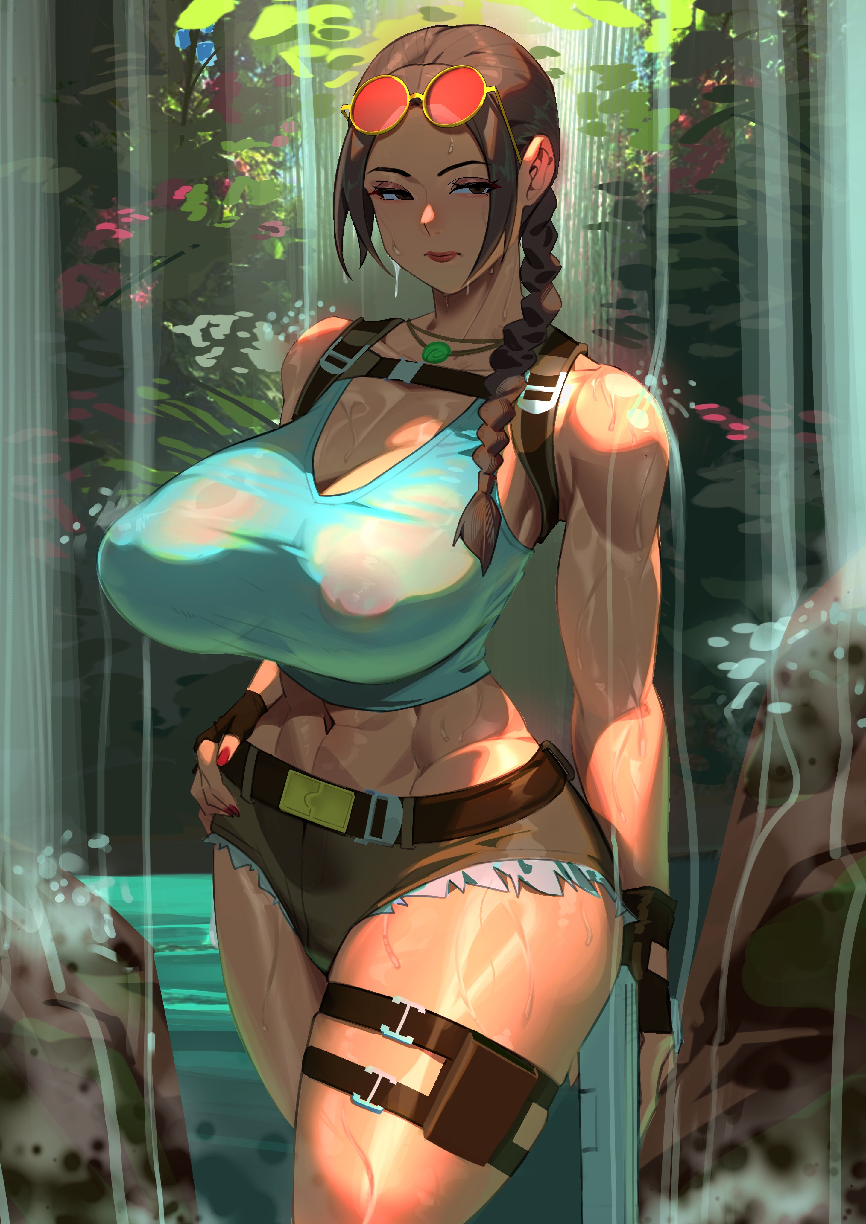 cloudy rain4, lara croft, tomb raider, absurdres, commentary, english commentary, highres, 1girl, abs, braid, breasts, brown hair, covered erect nipples, eyewear on head, fingerless gloves, gloves, gun, hand on own hip, handgun, holding, holding gun, holding weapon, holster, huge breasts, muscular, muscular female, see-through clothes, short shorts, shorts, shoulder holster, tank top, thick thighs, thigh holster, thigh strap, thighs, water, waterfall, weapon, wet