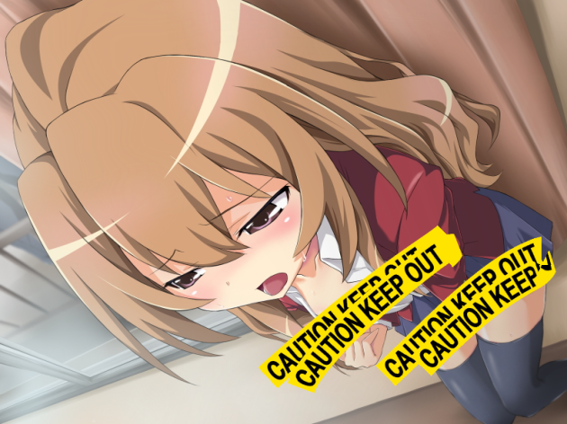 sakiika (summer 1919), aisaka taiga, toradora!, bad id, bad pixiv id, 1girl, against wall, black thighhighs, blazer, blush, brown eyes, brown hair, caution tape, censored, curtains, dutch angle, female focus, female masturbation, fingering, flat chest, from above, jacket, keep out, long hair, masturbation, novelty censor, open clothes, open mouth, open shirt, perspective, purple eyes, school uniform, shirt, skirt, solo, standing, sweat, thighhighs, tongue, undressing, window, zettai ryouiki