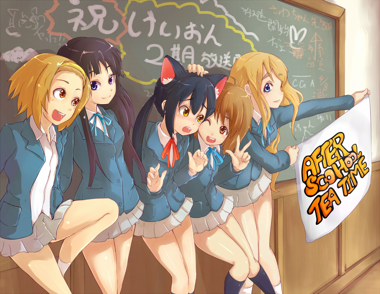 nuko-d, akiyama mio, hirasawa yui, kotobuki tsumugi, nakano azusa, tainaka ritsu, k-on!, bad id, bad pixiv id, 5girls, animal ears, banner, black hair, blonde hair, blue eyes, brown eyes, brown hair, cat ears, english text, engrish text, hairband, ho-kago tea time, long hair, multiple girls, ranguage, school uniform, short hair