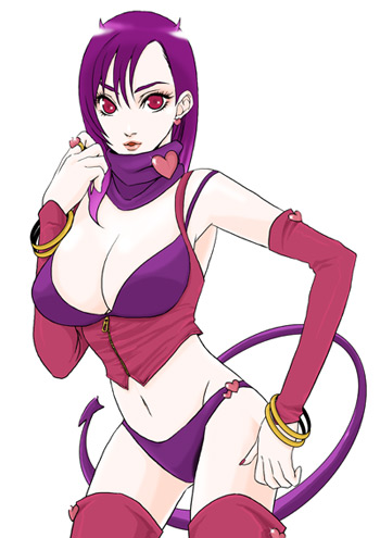 noe (bkmnoo), tifa lockhart, final fantasy, final fantasy vii, lowres, 1990s (style), bracelet, breasts, cleavage, demon tail, detached sleeves, horns, jewelry, midriff, panties, purple hair, purple panties, red eyes, ring, scarf, tail, thighhighs, underwear