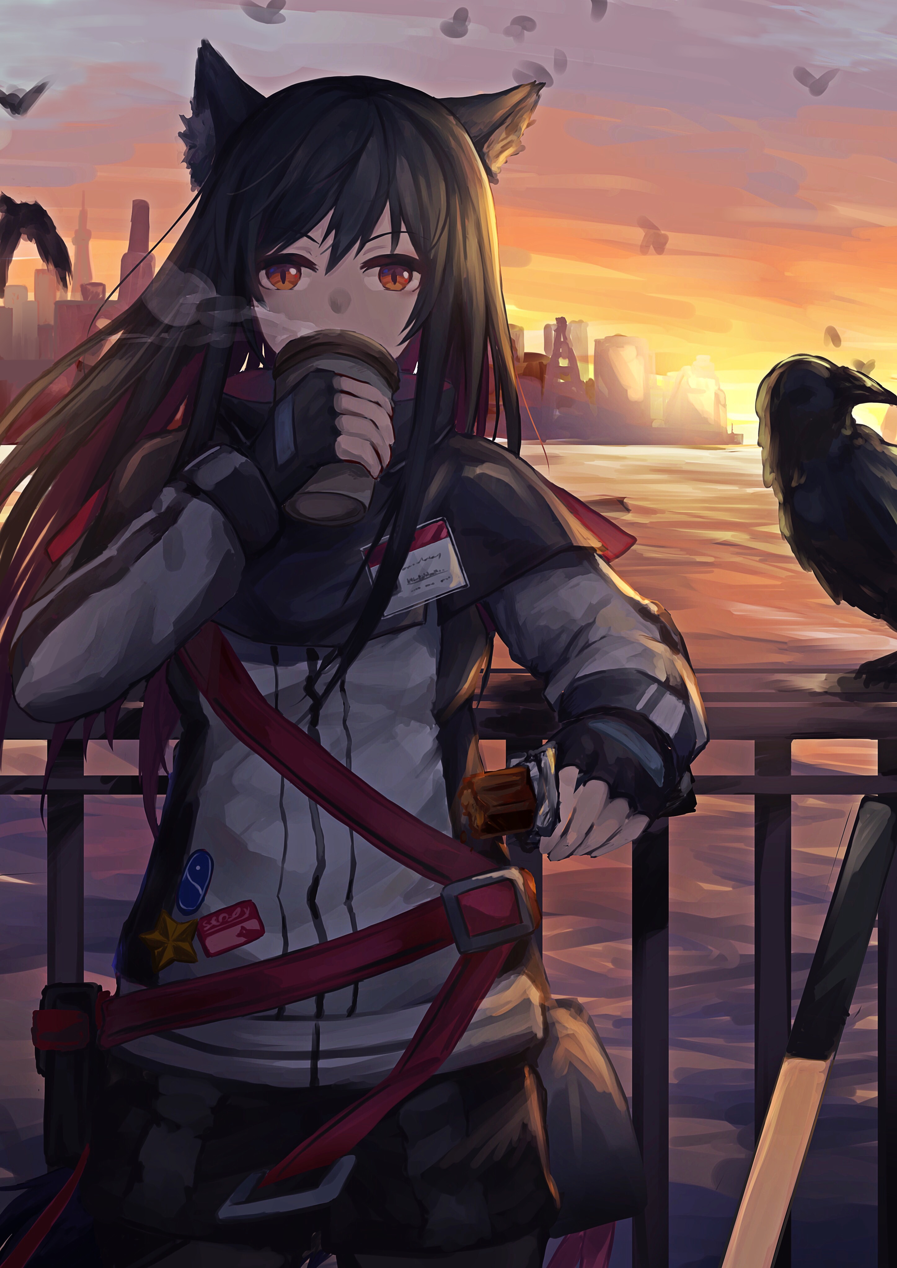 sasa kurumi, texas (arknights), arknights, absurdres, commentary request, highres, 1girl, against railing, animal ears, bird, black hair, candy, candy bar, crow, cup, disposable cup, drinking, food, holding, holding candy, holding cup, holding food, jacket, long hair, looking at viewer, outdoors, railing, steam, sunset, wolf ears, wolf girl