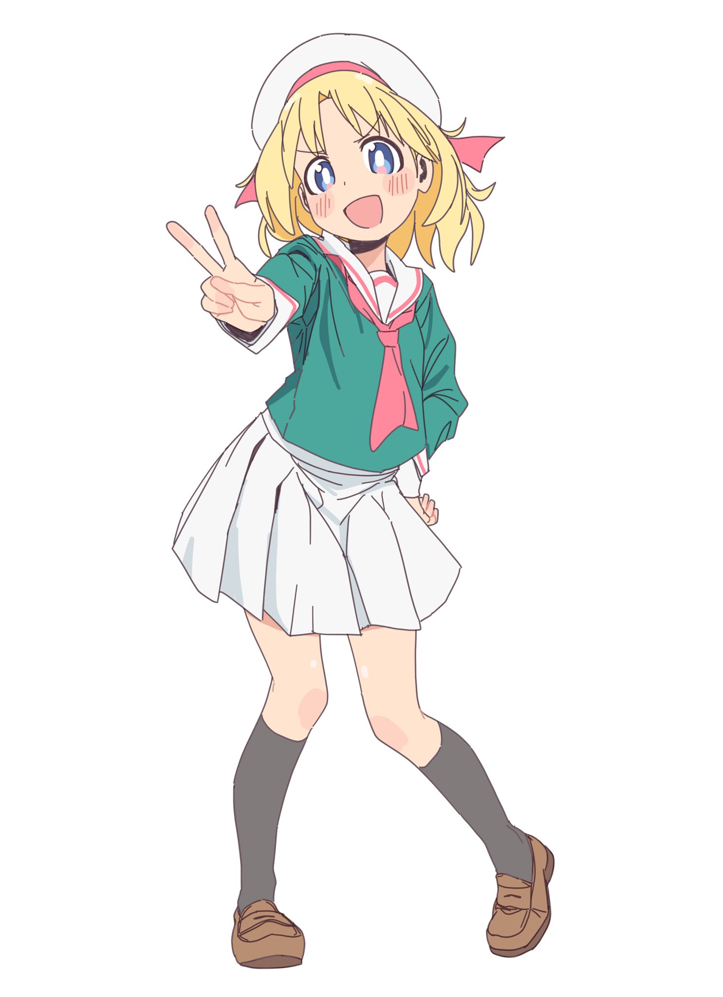 4uys, lily baker, game center shoujo to ibunka kouryuu, commentary request, highres, :d, beret, black socks, blonde hair, blue eyes, blush stickers, full body, green shirt, hand on own hip, hat, kneehighs, loafers, long sleeves, miniskirt, neckerchief, open mouth, outstretched arm, pink neckerchief, pleated skirt, sailor collar, school uniform, serafuku, shirt, shoes, short hair, simple background, skirt, smile, socks, v, v-shaped eyebrows, white background, white hat, white sailor collar, white skirt