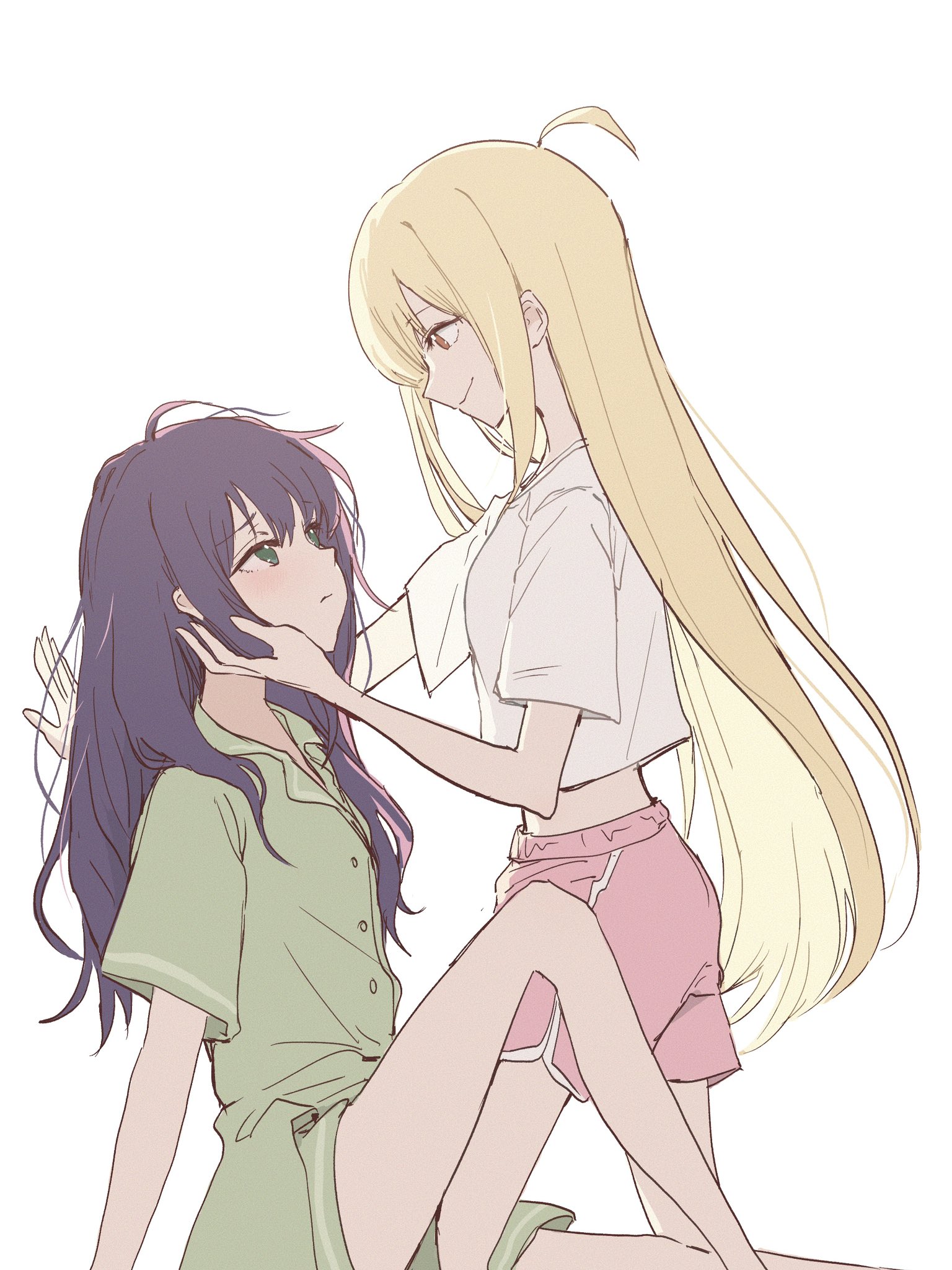 emio, sakayori iroha, commentary, highres, 2girls, blonde hair, blush, cho kaguya-hime!, closed mouth, dolphin shorts, green eyes, green shirt, green shorts, hand in another's hair, kaguya (cho kaguya-hime!), long hair, multiple girls, pink shorts, purple hair, red eyes, shirt, shorts, simple background, smile, white background, white shirt, yuri