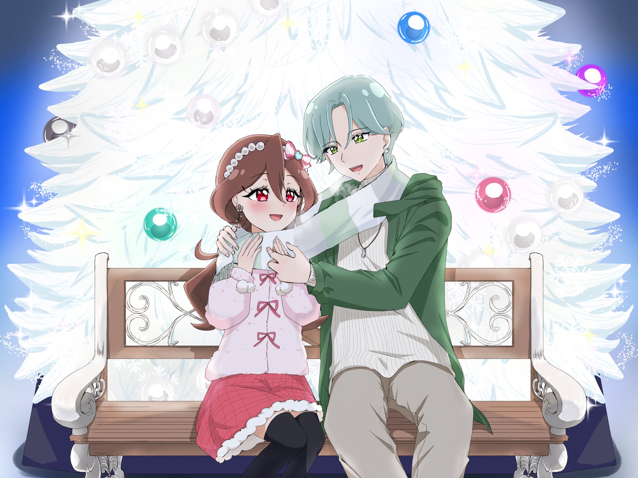 hibiki kaito, sakura uta (precure), kimi to idol precure, precure, highres, bench, black socks, blush, brown hair, christmas, christmas tree, coat, couple, earrings, fluffy clothes, green hair, green jacket, hair between eyes, hand on another's shoulder, headband, jacket, jewelry, kneehighs, long hair, long sleeves, lr lxx, merry christmas, miniskirt, night, open mouth, parted bangs, pearl hair ornament, pink shirt, red eyes, ribbon hair, scarf, shirt, sitting, skirt, smile, socks, winter, winter clothes, winter coat