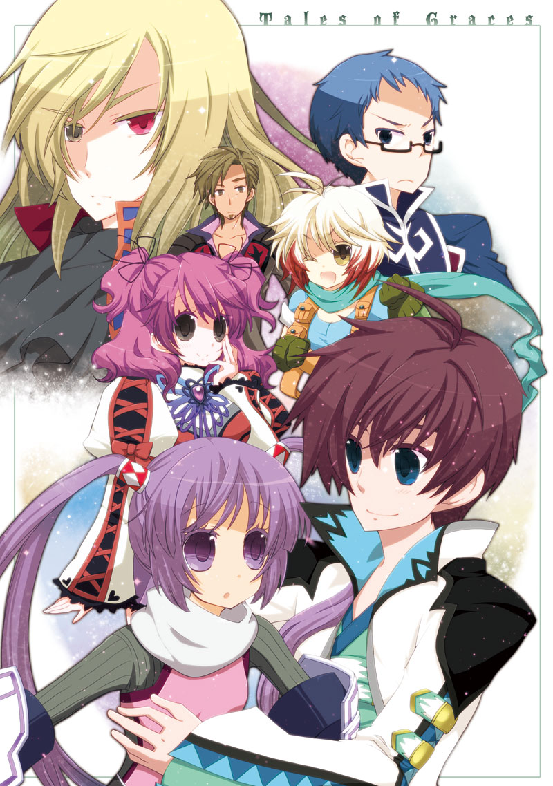 micchi (qube star), asbel lhant, cheria barnes, hubert ozwell, malik caesars, pascal (tales), richard (tales), sophie (tales), tales of (series), tales of graces, bad id, bad pixiv id, 3girls, 4boys, blonde hair, blue eyes, blue hair, blue shirt, brothers, brown eyes, brown hair, copyright name, glasses, heterochromia, multicolored hair, multiple boys, multiple girls, purple eyes, purple hair, red eyes, red hair, scarf, shirt, siblings, twintails, two-tone hair, two side up, white hair
