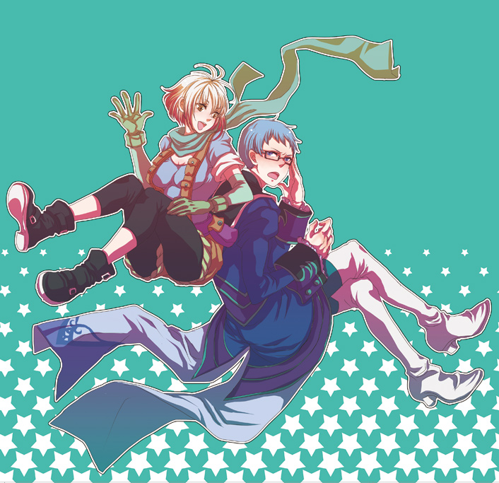 9wa, hubert ozwell, pascal (tales), tales of (series), tales of graces, bad id, bad pixiv id, 1boy, 1girl, blue hair, blue shirt, glasses, green background, leggings, multicolored hair, red hair, scarf, shirt, star (symbol), star symbol background, two-tone hair, white hair