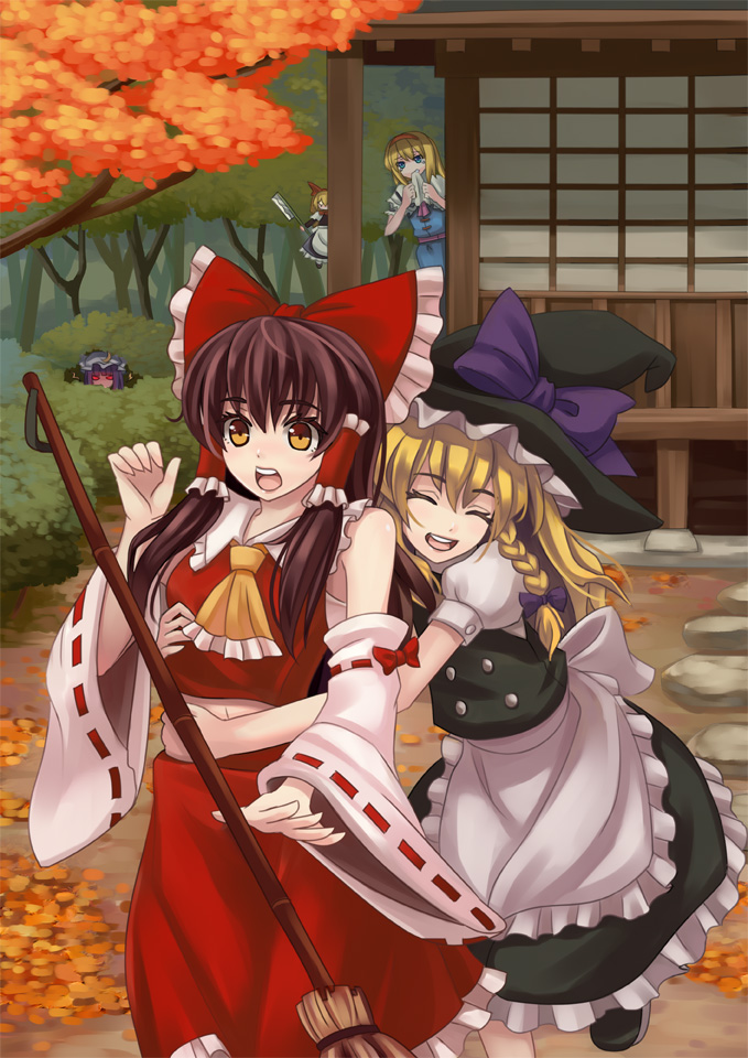 kaizeru, alice margatroid, hakurei reimu, kirisame marisa, patchouli knowledge, shanghai doll, touhou, 2girls, blonde hair, bow, braid, broom, closed eyes, detached sleeves, female focus, hat, hiding, hug, hug from behind, japanese clothes, jealous, midriff, miko, multiple girls, open mouth, razor, red eyes, round teeth, shrine, smile, stalking, surprised, teeth, tree, witch, witch hat, yandere, yellow eyes, you gonna get raped