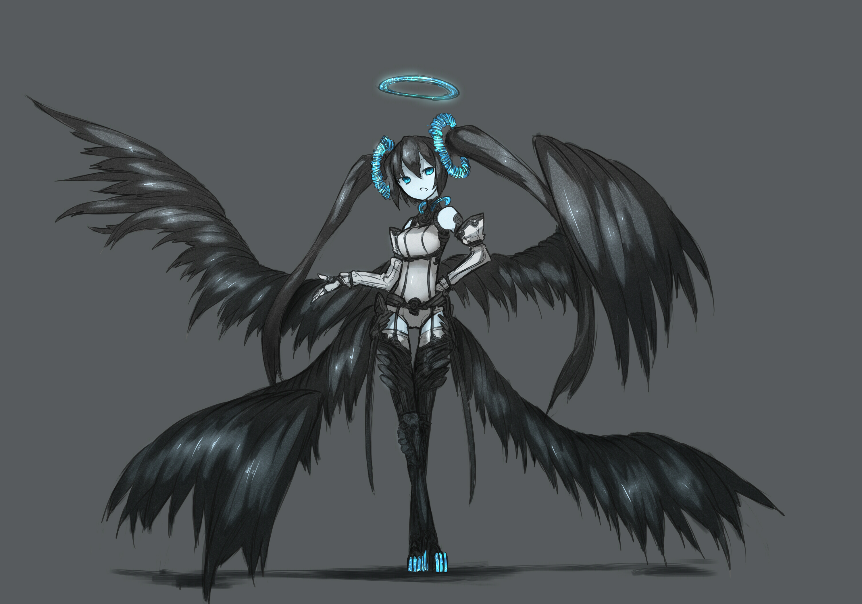 ganesagi, bad id, bad pixiv id, highres, 1girl, armor, black hair, black wings, blue eyes, boots, detached sleeves, female focus, halo, hand on own hip, hip focus, multiple wings, simple background, solo, thigh boots, thighhighs, twintails, wings