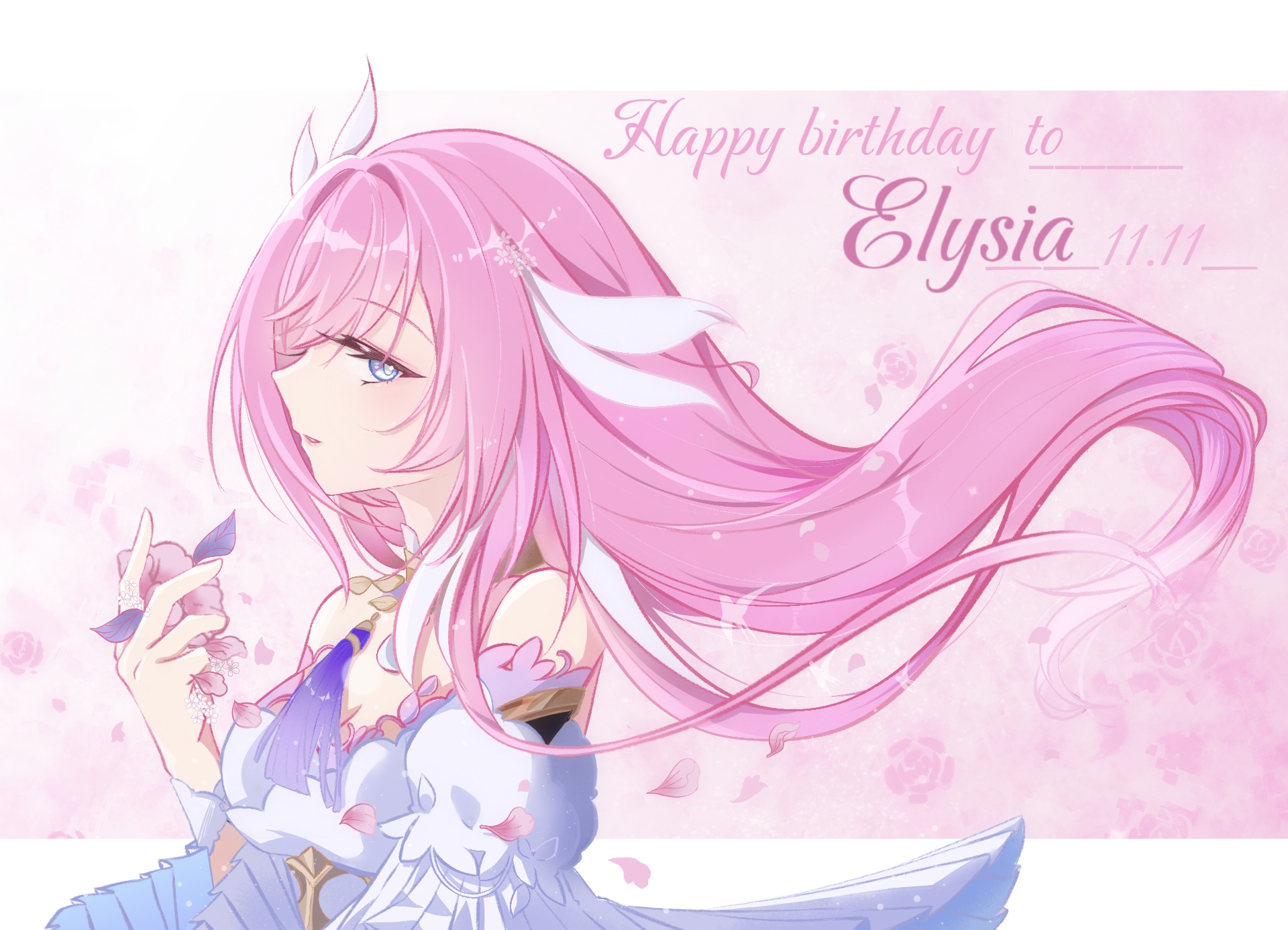 elysia (herrscher of human: ego) (honkai impact), elysia (honkai impact), honkai (series), honkai impact 3rd, chinese commentary, commentary, commentary request, english commentary, highres, mixed-language commentary, 1girl, bare shoulders, breasts, cleavage, corset, dated, diamond-shaped pupils, diamond (shape), flower, from side, happy birthday, holding, holding flower, large breasts, long hair, looking at viewer, multicolored hair, pink hair, purple eyes, solo, spades (xiaohongshu 2203766198), symbol-shaped pupils, two-tone hair, upper body, very long hair, white corset, white hair