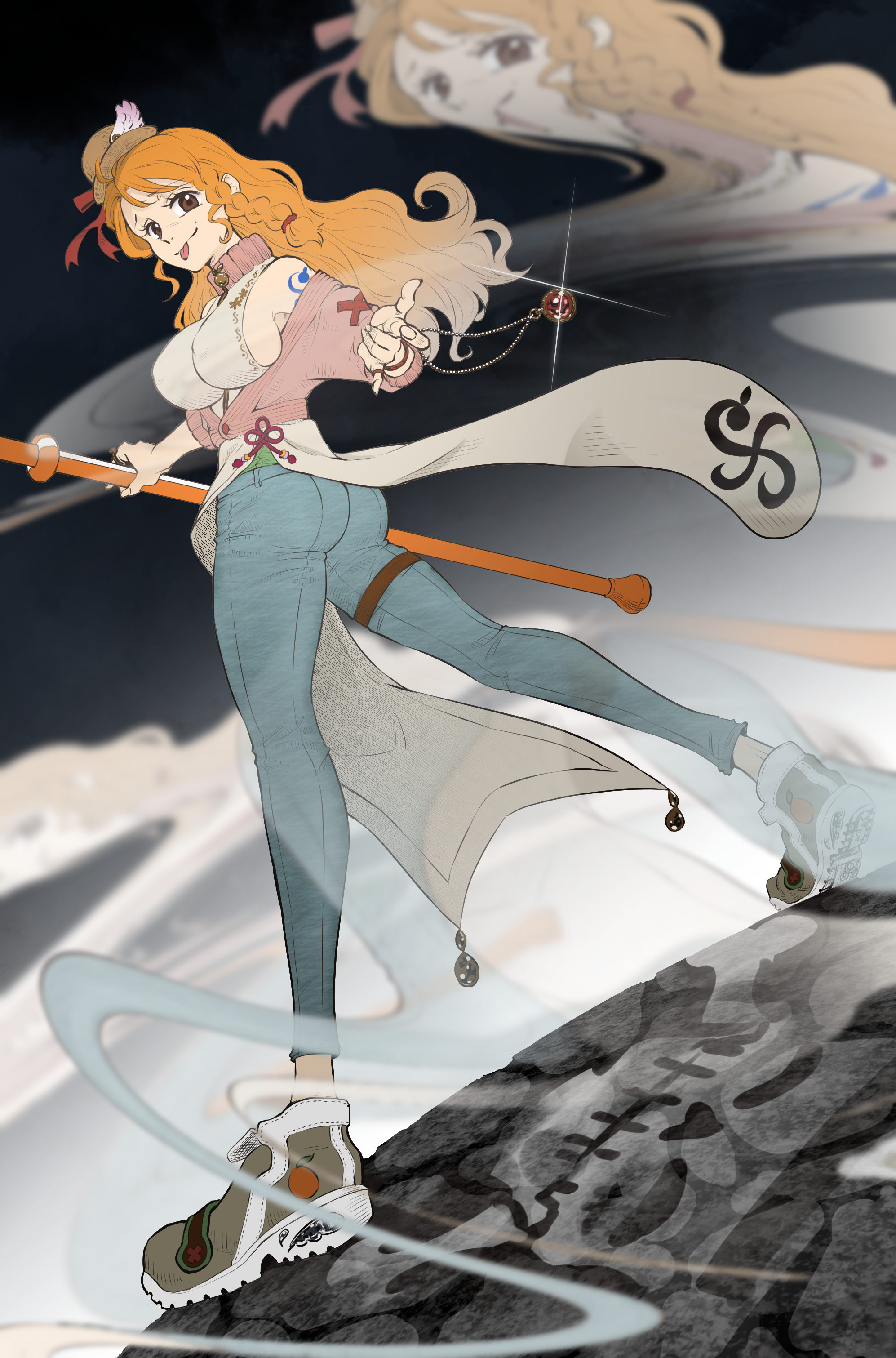 nami (one piece), one piece, absurdres, commentary request, highres, 1girl, alternate costume, ass, bare shoulders, black background, blue pants, bracelet, braid, braided sidelock, breasts, brown eyes, cardigan, clima-tact, closed mouth, denim, dust cloud, floating hair, from behind, from side, full body, glint, gradient background, hat, holding, holding staff, jeans, jewelry, large breasts, long hair, long sleeves, looking at viewer, looking back, mini hat, naemoto, orange hair, pants, pink cardigan, ring, shirt, shoes, shoulder tattoo, sideboob, single sidelock, sleeveless, sleeveless shirt, sneakers, solo, staff, standing, tattoo, thigh strap, tongue, tongue out, wavy hair