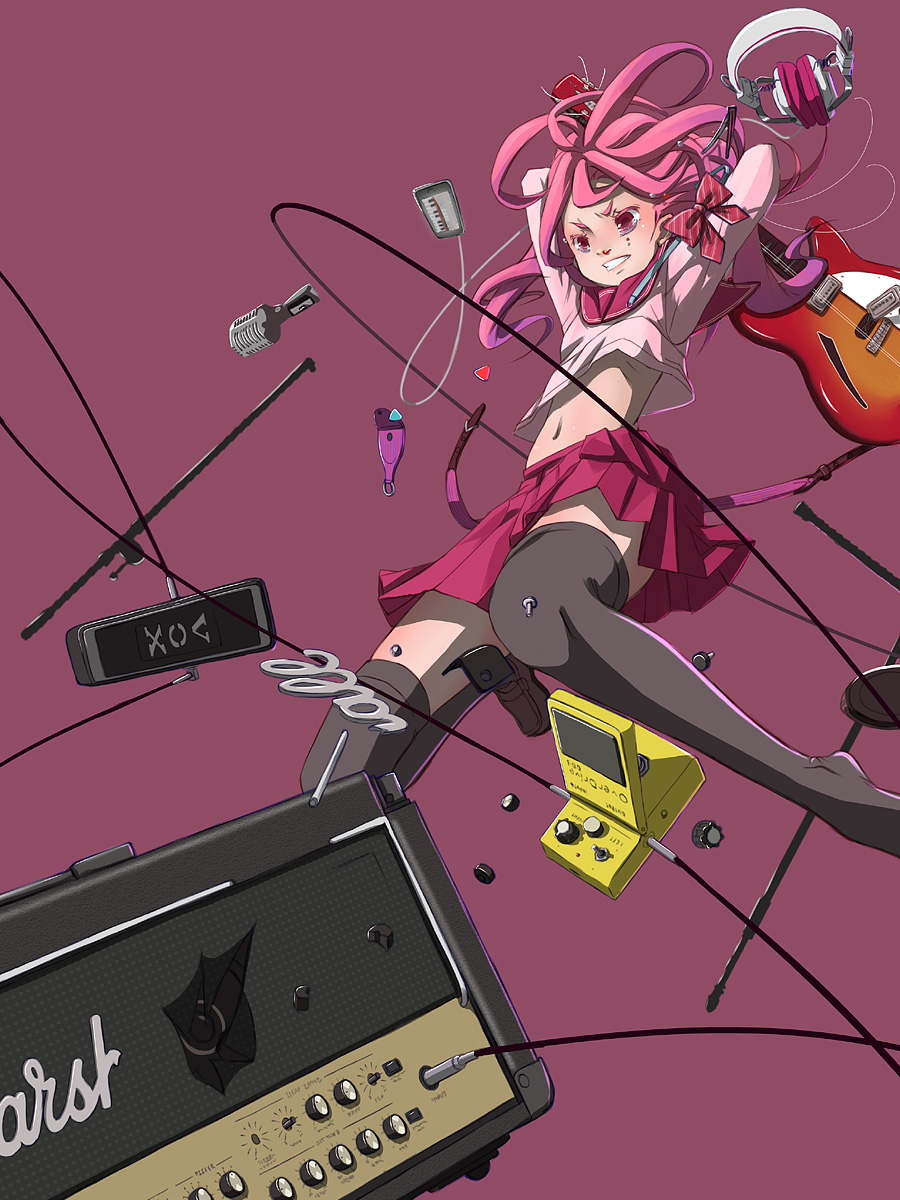 masakasu, original, highres, 1girl, angry, broken, cable, effects pedal, electric guitar, female focus, guitar, headphones, instrument, legs, long hair, microphone, midriff, navel, pedal (instrument), pink hair, school uniform, shoes, single shoe, skirt, solo, thighhighs, wire