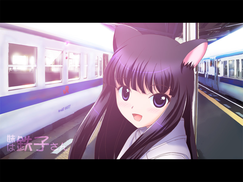 yamaguchi takashi, yamaguchi yuu, original, 1girl, animal ears, cat ears, female focus, letterboxed, multiple unit train, purple eyes, purple hair, solo, tactile paving, train, train station