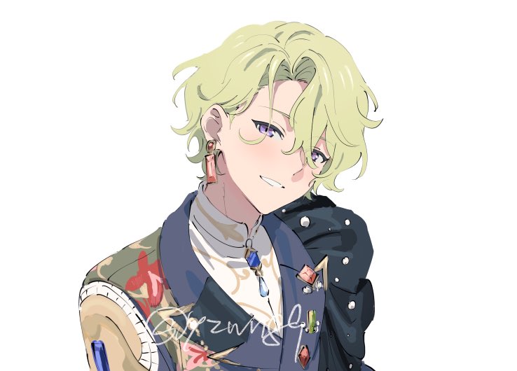 yzwn89, tomoe hiyori, ensemble stars!, commentary, symbol-only commentary, 1boy, blue gem, bright me up!! (ensemble stars!), clenched teeth, curtained hair, earrings, eyes visible through hair, gem, green gem, green hair, hair between eyes, jewelry, lapels, male focus, official alternate costume, peaked lapels, purple eyes, red gem, short hair, simple background, smile, solo, teeth, twitter username, upper body, white background