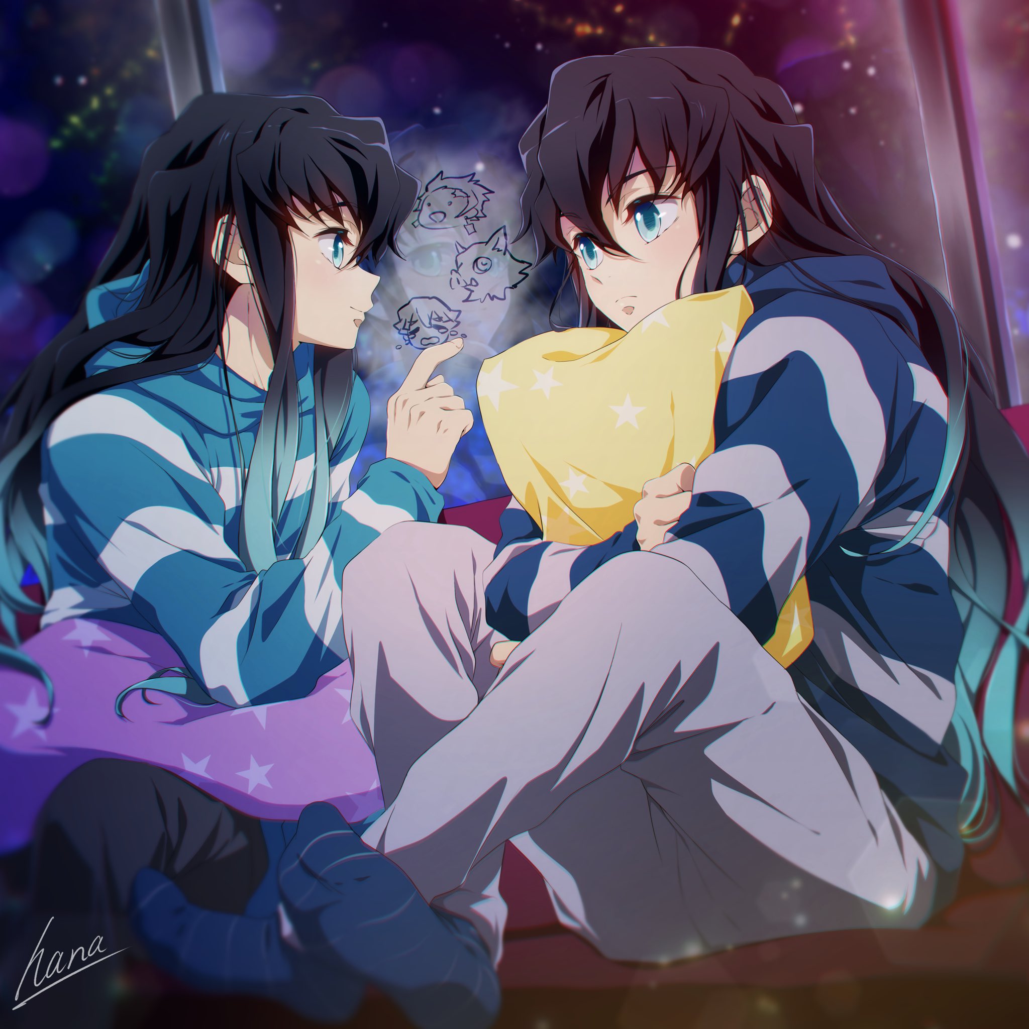 hana ni nare, agatsuma zenitsu, hashibira inosuke, kamado tanjirou, tokitou muichirou, tokitou yuichirou, kimetsu no yaiba, commentary request, highres, 2boys, alternate costume, aqua eyes, aqua hair, aqua hoodie, black hair, black shirt, blue hoodie, blue socks, brothers, closed mouth, gradient hair, grey pants, hair between eyes, hood, hoodie, long hair, long sleeves, male focus, multicolored hair, multiple boys, pants, pillow, shirt, siblings, smile, socks, striped clothes, striped hoodie, twins, two-tone hair