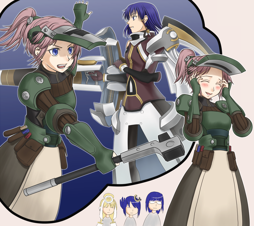 sukua, tk28, chroah vatel, chroche latel pastalie, luca truelywaath, sincere (ar tonelico), ar tonelico, ar tonelico ii, gust, 1boy, 3girls, armor, armored dress, blue eyes, blush, brown hair, closed eyes, cynthia (ar tonelico ii), dress, glasses, hair ornament, long hair, multiple girls, ponytail, purple hair, short hair