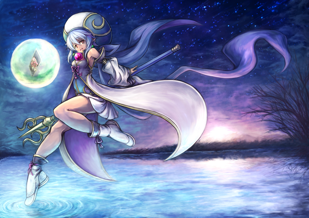 shouma (bravespiritya), noin (shinrabanshou), shinrabanshou, commentary request, 1girl, blue hair, blue hat, card, dark-skinned female, dark skin, detached sleeves, earrings, full moon, gold trim, hair between eyes, hat, holding, holding staff, jewelry, moon, multicolored hat, night, open mouth, pointy ears, pond, red eyes, shoes, skirt, solo, staff, white hat, white shoes, white skirt