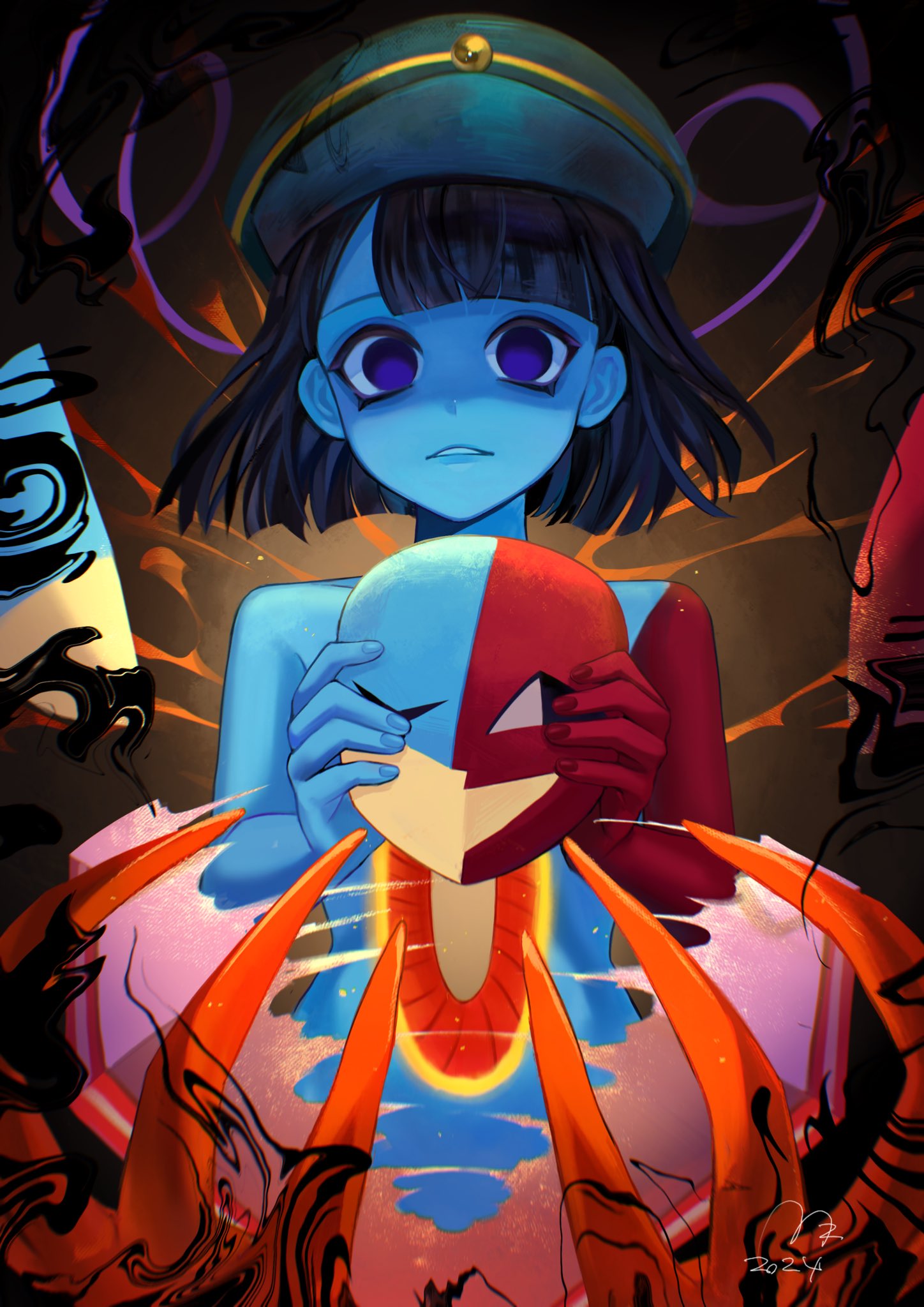 usagimarumei, ena (dream bbq), hangover ena, salesperson ena, ena: dream bbq, ena (series), commentary, english commentary, highres, 1girl, black hair, blue skin, blunt bangs, blunt ends, bob cut, colored skin, ena (species), fingernails, green hat, hat, holding, holding mask, hole in stomach, hole on body, lips, looking at viewer, mask, multicolored skin, nude, parted lips, red skin, solo, surreal, two-tone skin, unworn mask