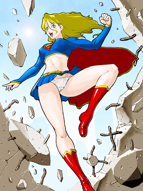 shimotsuki juugo, supergirl, dc comics, superman (series), red footwear, 1girl, blonde hair, blue eyes, boots, cape, covered erect nipples, female focus, kryptonian, long hair, midriff, miniskirt, open mouth, panties, shoes, skirt, solo, tank top, underwear, upskirt, white panties