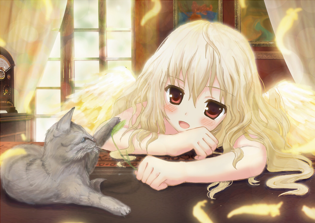akabane (zebrasmise), original, angel wings, blonde hair, blush, cat, cat teaser, feathers, open mouth, red eyes, solo, window, wings, zebrasmise