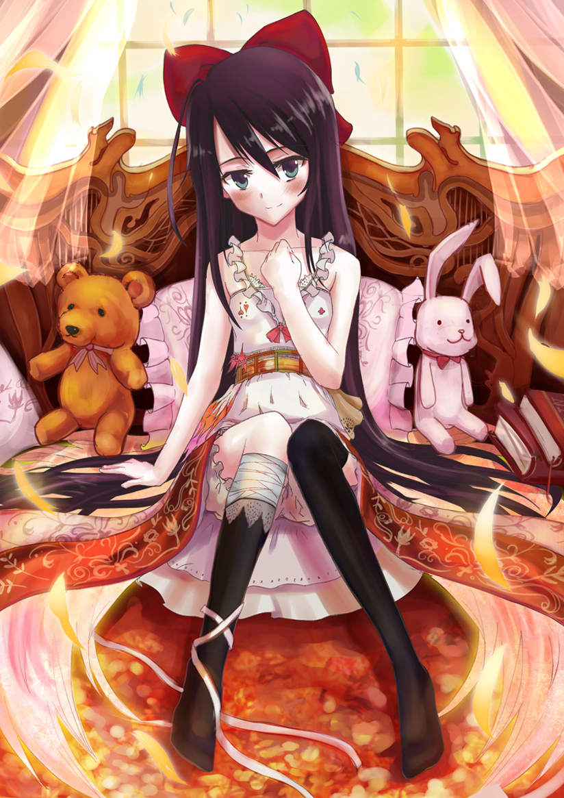 akabane (zebrasmise), original, bad id, bad pixiv id, 1girl, bandages, black hair, blush, bow, curtains, dress, female focus, hair bow, leg ribbon, ribbon, sitting, smile, solo, stuffed animal, stuffed rabbit, stuffed toy, teddy bear, window, zebrasmise