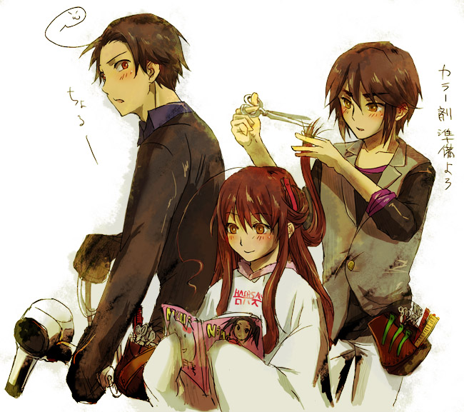 kita/jou, hong kong (hetalia), korea (hetalia), taiwan (hetalia), axis powers hetalia, translation request, 1girl, 2boys, ahoge, alternate costume, black hair, brown eyes, brown hair, cutting another's hair, cutting hair, hair dryer, magazine (object), multiple boys, reading, scissors