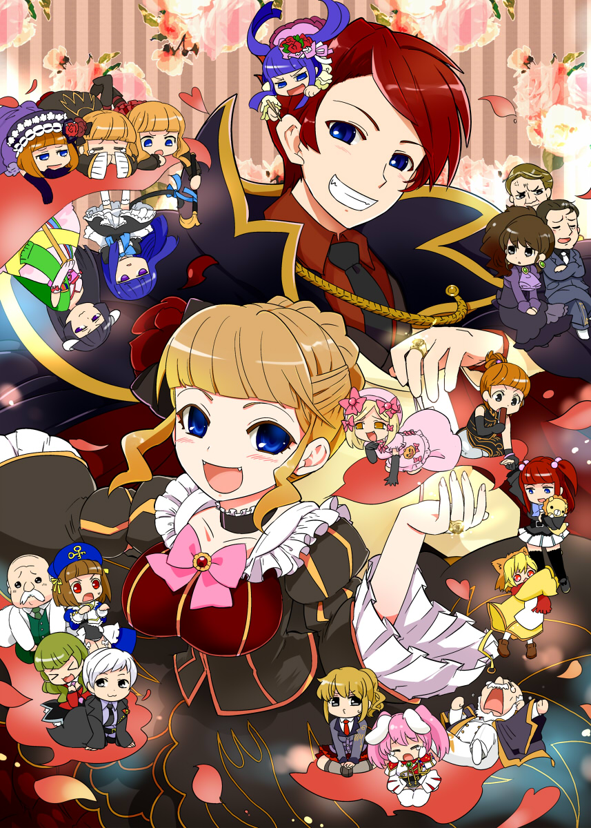 kamaboko red, beatrice (umineko), chiester45, chiester sisters, cornelia (umineko), eva beatrice, featherine augustus aurora, frederica bernkastel, furudo erika, lambdadelta, leviathan (umineko), nanjou terumasa, sakutarou (umineko), stakes of purgatory, ushiromiya ange, ushiromiya battler, ushiromiya eva, ushiromiya jessica, ushiromiya kinzou, ushiromiya krauss, ushiromiya kyrie, ushiromiya natsuhi, ushiromiya rudolf, 07th expansion, no naku koro ni (series), umineko no naku koro ni, bad id, bad pixiv id, highres, 6+boys, 6+girls, black hair, blonde hair, blue eyes, blue hair, brown hair, dress, flower, green hair, jewelry, multiple boys, multiple girls, ornate ring, ponytail, red hair, ribbon, ring, twintails, wedding ring