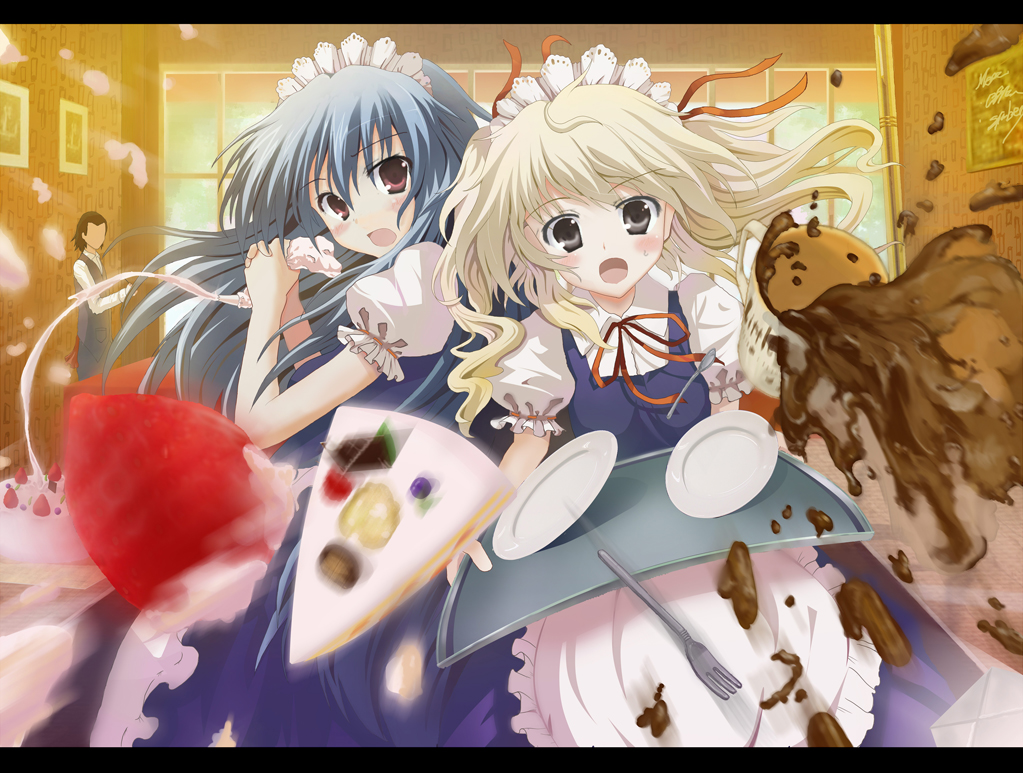 akabane (zebrasmise), original, apron, blonde hair, blue hair, blush, cake, coffee, food, fork, fruit, icing, maid, maid apron, maid headdress, motion blur, pastry, spill, strawberry, zebrasmise