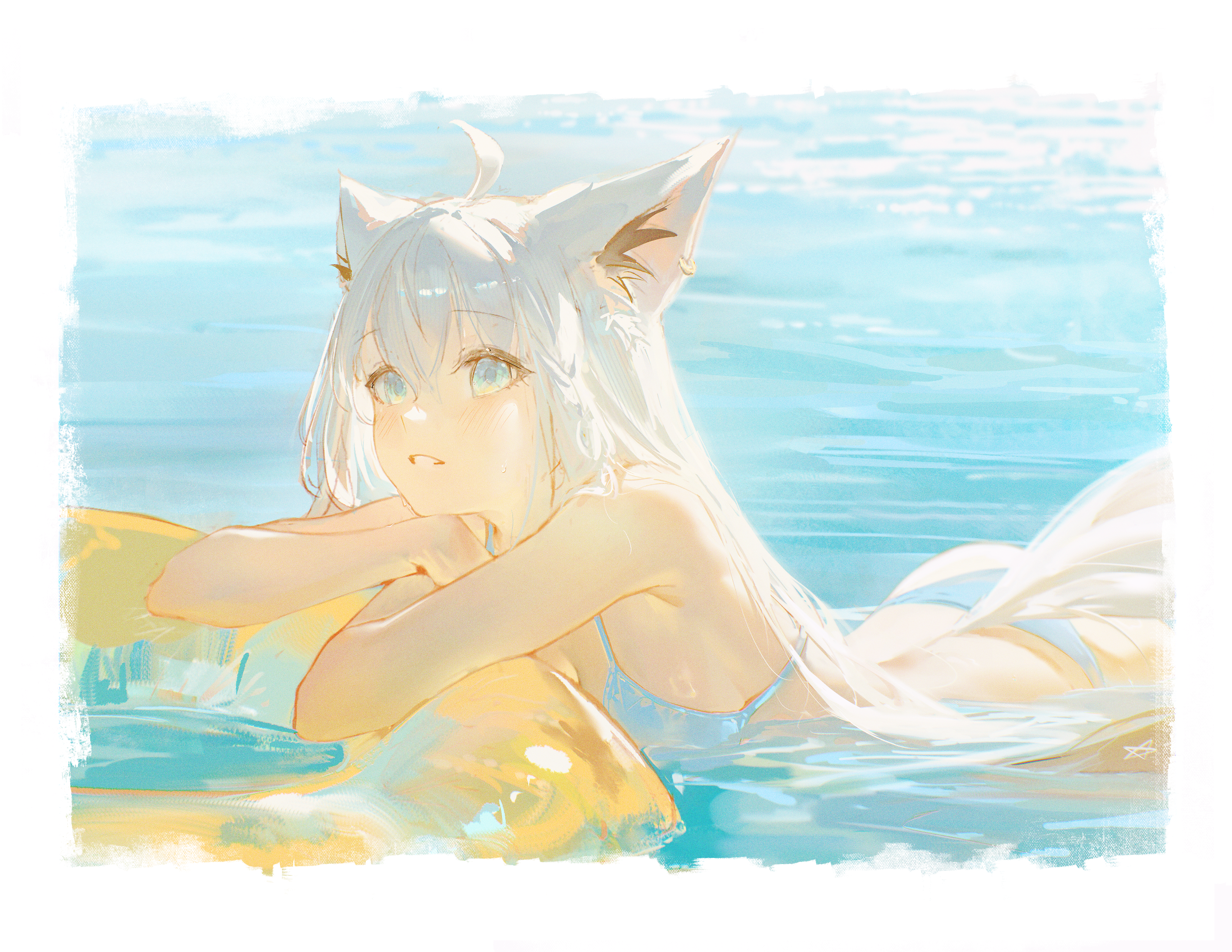 hyde (tabakko), shirakami fubuki, shirakami fubuki (hololive summer 2019), hololive, absurdres, commentary, english commentary, highres, 1girl, ahoge, animal ears, aqua bikini, aqua eyes, bikini, braid, breasts, day, double-parted bangs, fox ears, fox girl, fox tail, hair between eyes, innertube, long hair, medium breasts, ocean, official alternate costume, outdoors, parted lips, partially submerged, side braid, sideboob, solo, swim ring, swimsuit, tail, virtual youtuber, wet, white hair