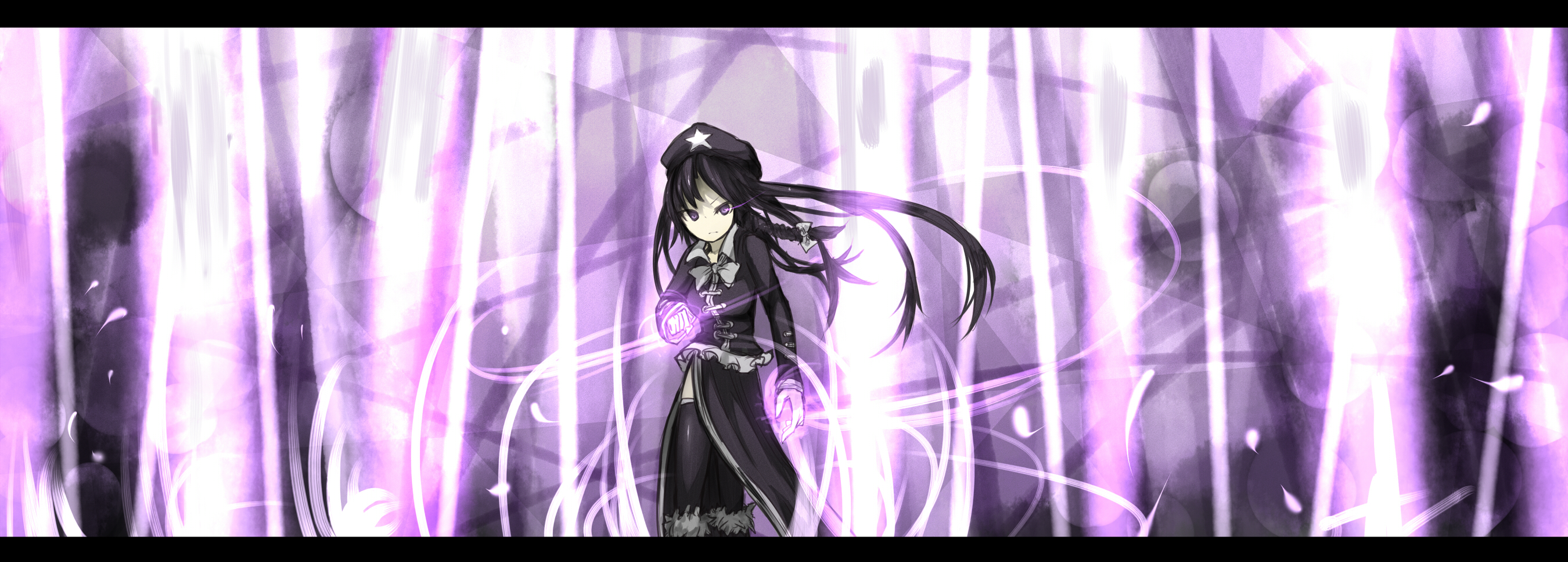 ganesagi, hei meiling, hong meiling, immaterial and missing power, m.u.g.e.n, original, touhou, bad id, bad pixiv id, highres, long image, wide image, 1girl, alternate color, beret, braid, female focus, hat, letterboxed, long hair, purple eyes, solo, thighhighs