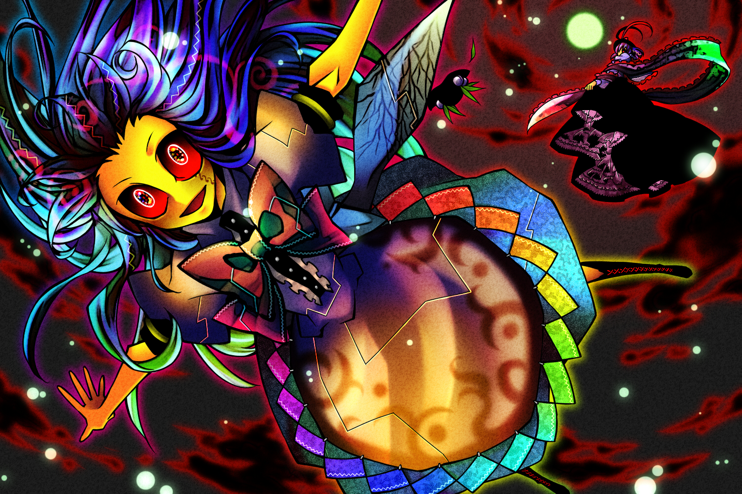 senmu (0107), hinanawi tenshi, nagae iku, touhou, bad id, bad pixiv id, 2girls, blue hair, bow, colorful, female focus, flying, food, fruit, multiple girls, no headwear, peach, ribbon, shawl