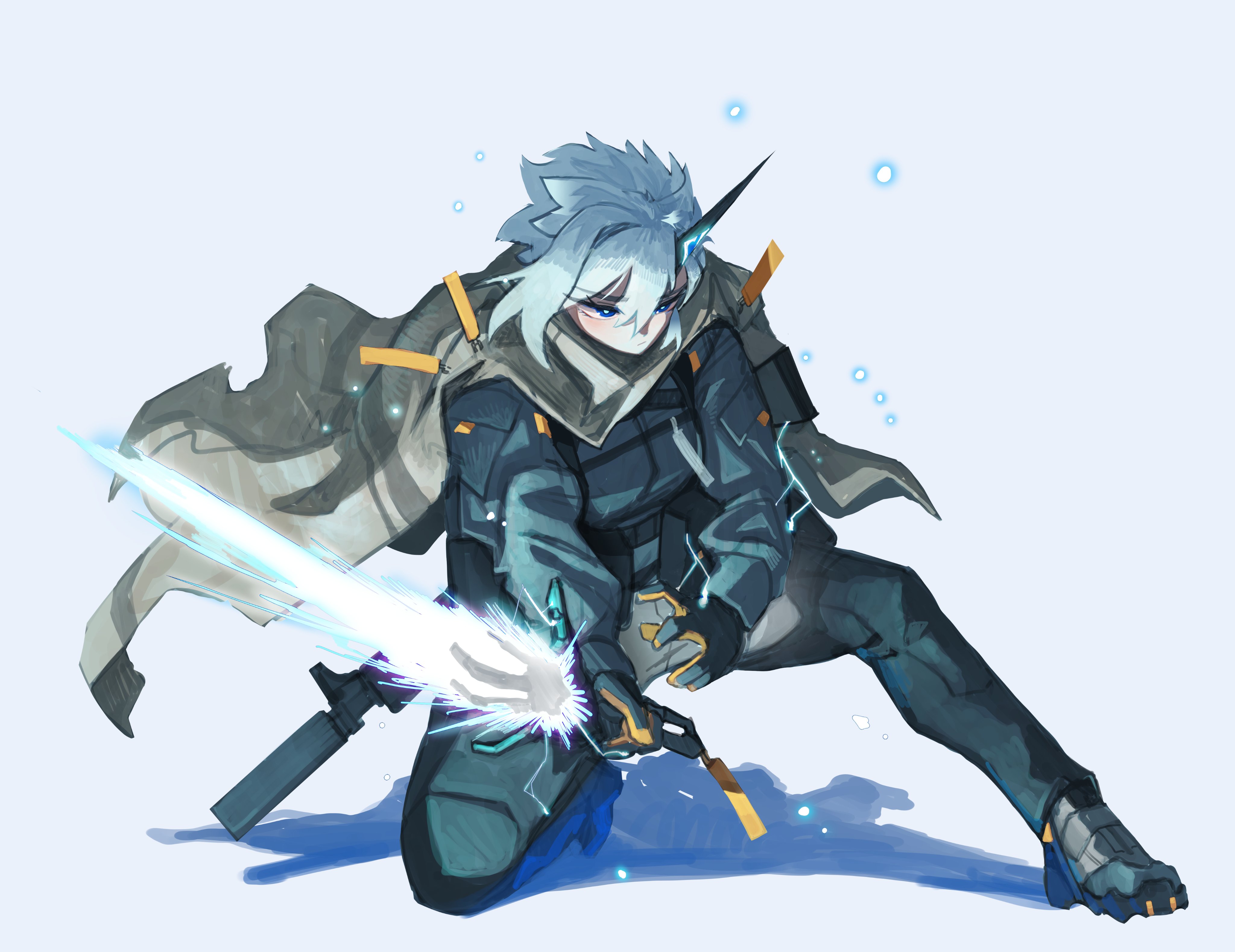 bendit, original, absurdres, highres, 1girl, black gloves, black horns, blue eyes, cloak, elena deheart woo (bendit), energy sword, gloves, gun, horns, jacket, kneeling, multicolored gloves, simple background, single horn, solo, suppressor, sword, two-tone gloves, weapon, white background, white hair, yellow gloves