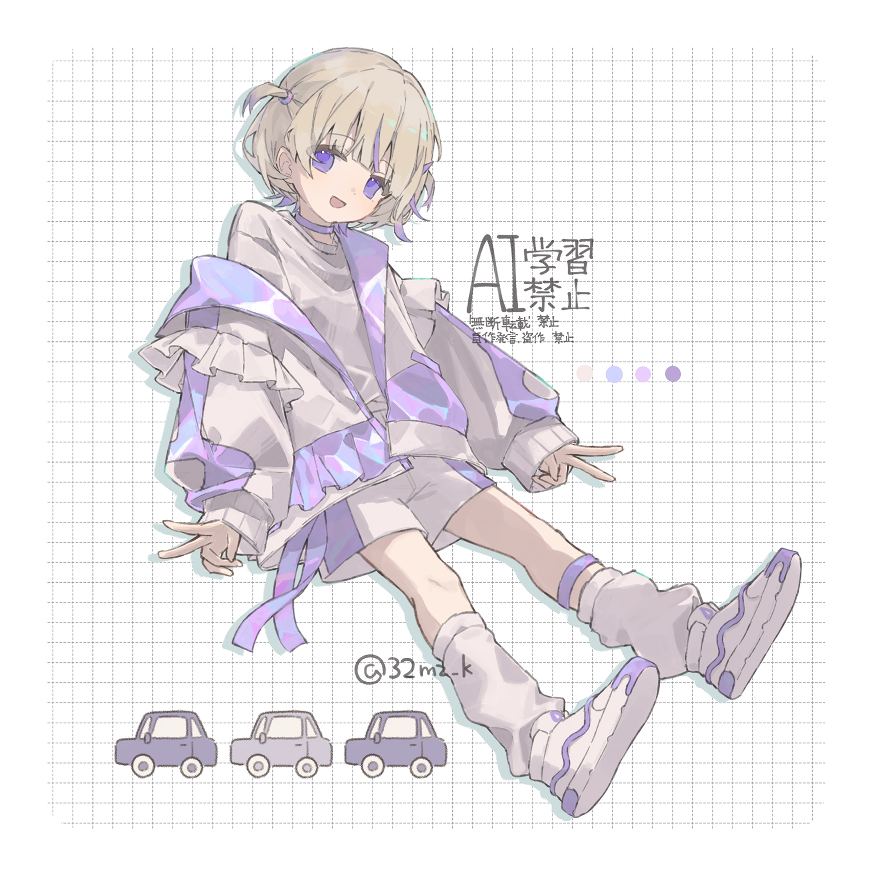 mizutama (32mz k), todoroki hajime, todoroki hajime (1st costume), hololive, hololive dev is, commentary, highres, symbol-only commentary, 1girl, artist name, blonde hair, blunt bangs, car, choker, choppy bangs, color guide, floating, frills, grid background, head tilt, iridescent, jacket, leg warmers, long sleeves, looking at viewer, motor vehicle, multicolored hair, multicolored jacket, open mouth, purple choker, purple eyes, purple hair, purple jacket, purple shorts, purple streaks, shirt, shoes, short hair, shorts, smile, sneakers, solo, streaked hair, thighs, turning head, twitter username, two-tone hair, two-tone jacket, two side up, v, virtual youtuber, white background, white jacket, white leg warmers, white shirt, white shoes, white shorts